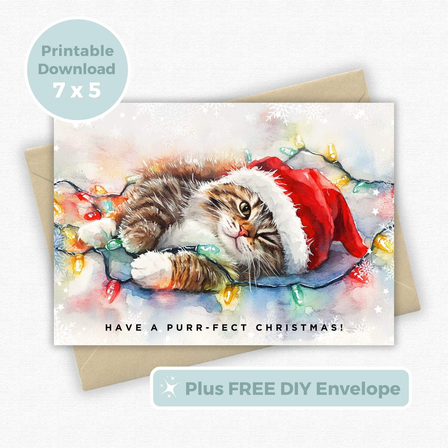 Printable Christmas Card - Cat Tangled Lights