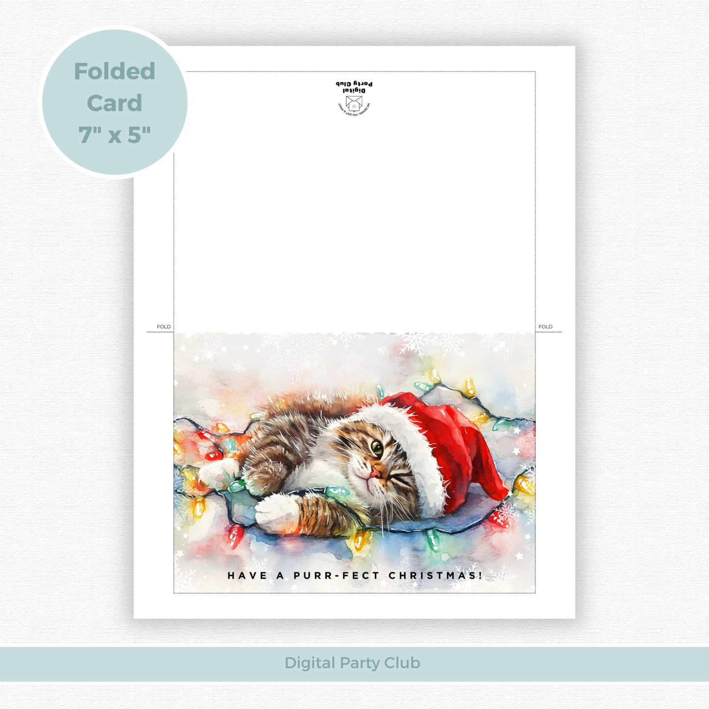 Printable Christmas Card - Cat Tangled Lights