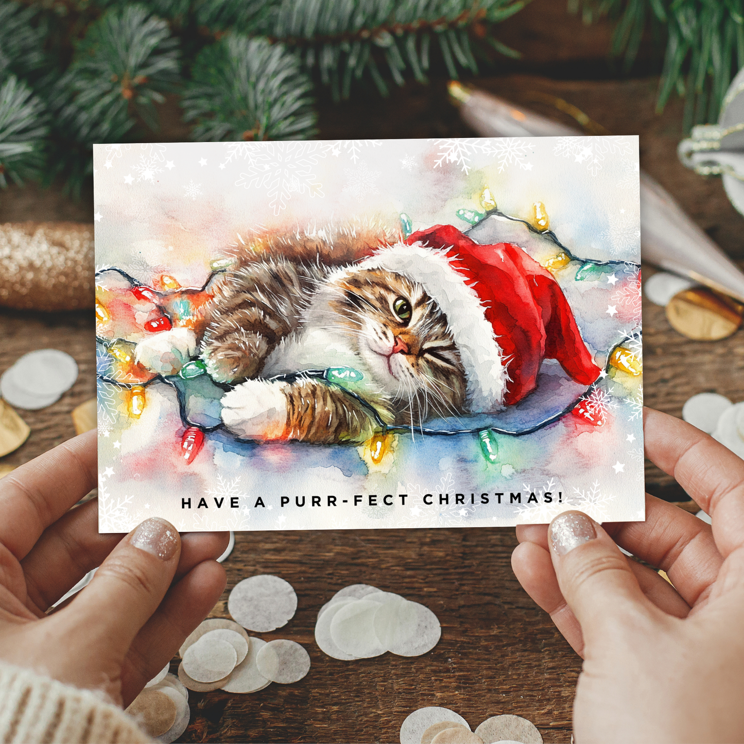 Printable Christmas Card - Cat Tangled Lights