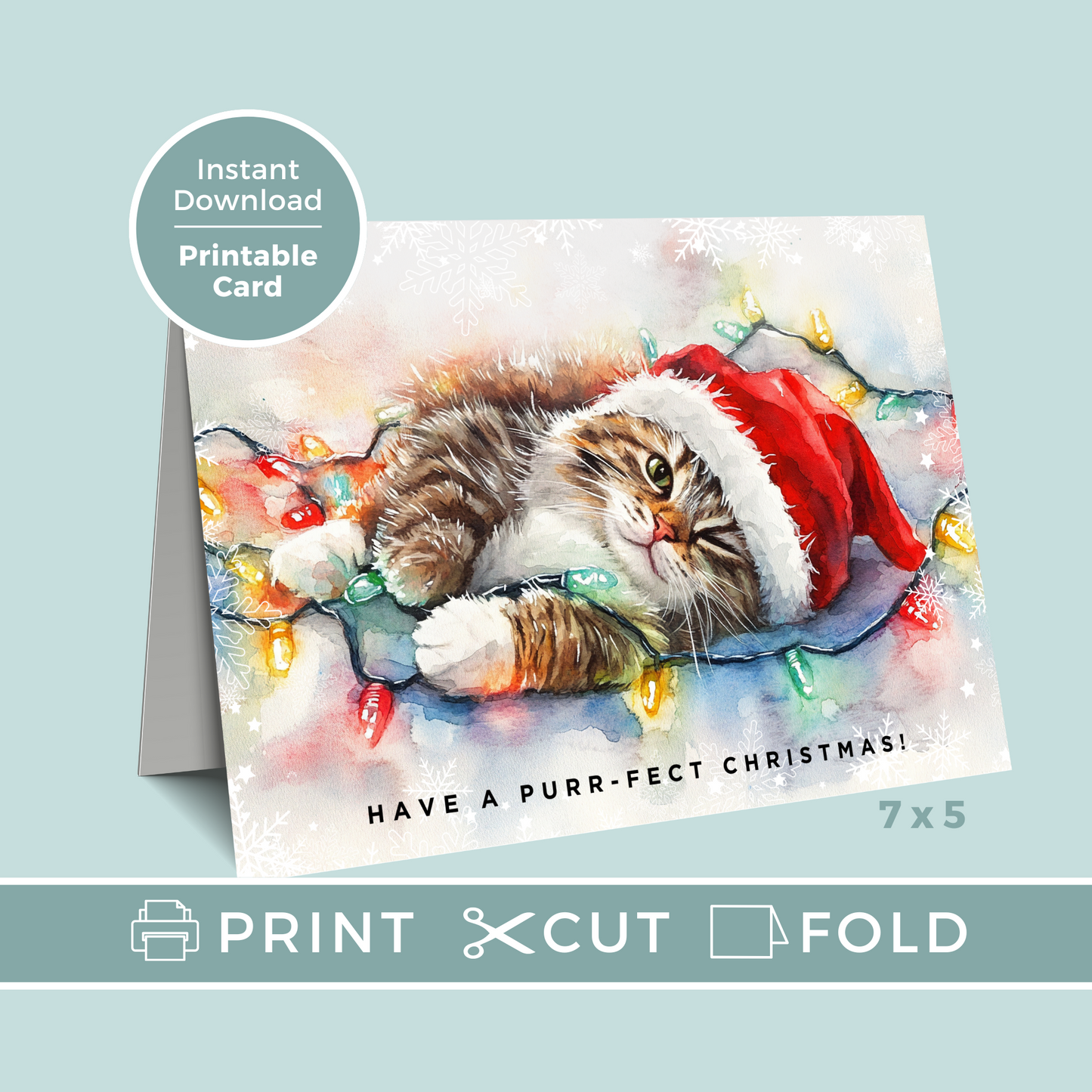 Printable Christmas Card - Cat Tangled Lights