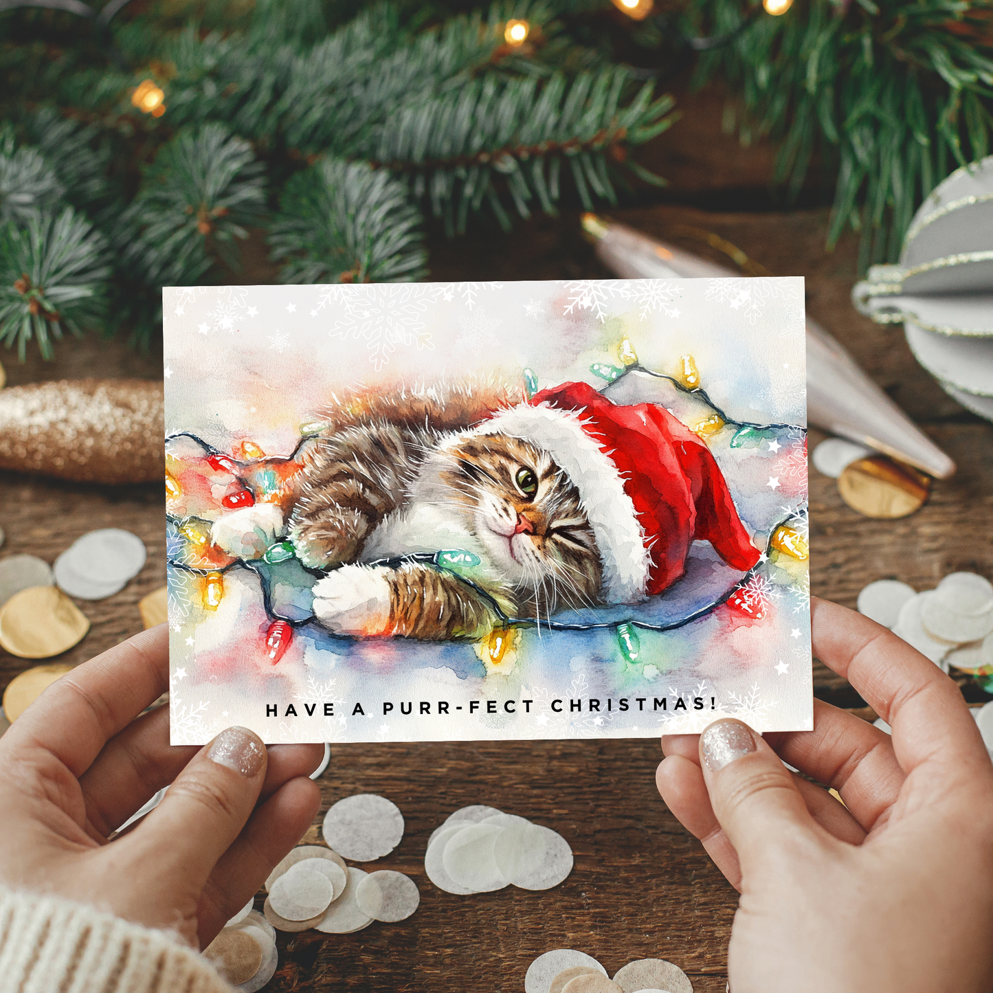 Printable Christmas Card - Cat Tangled Lights