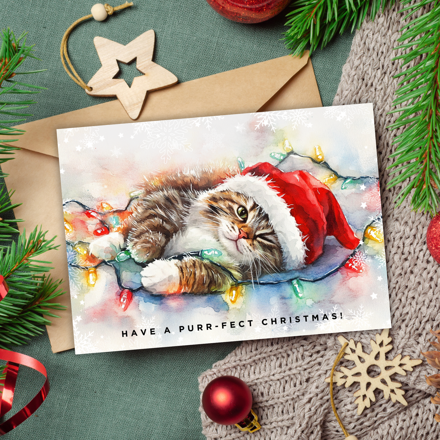 Printable Christmas Card - Cat Tangled Lights