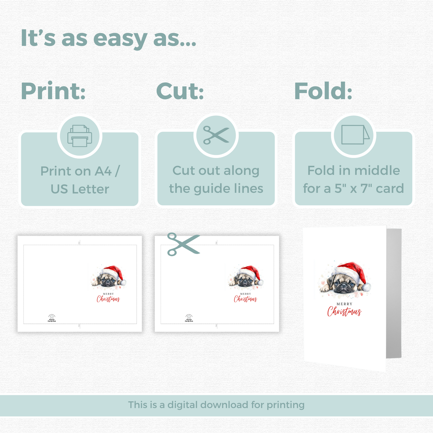 Printable Christmas Card - Cute Pug Dog