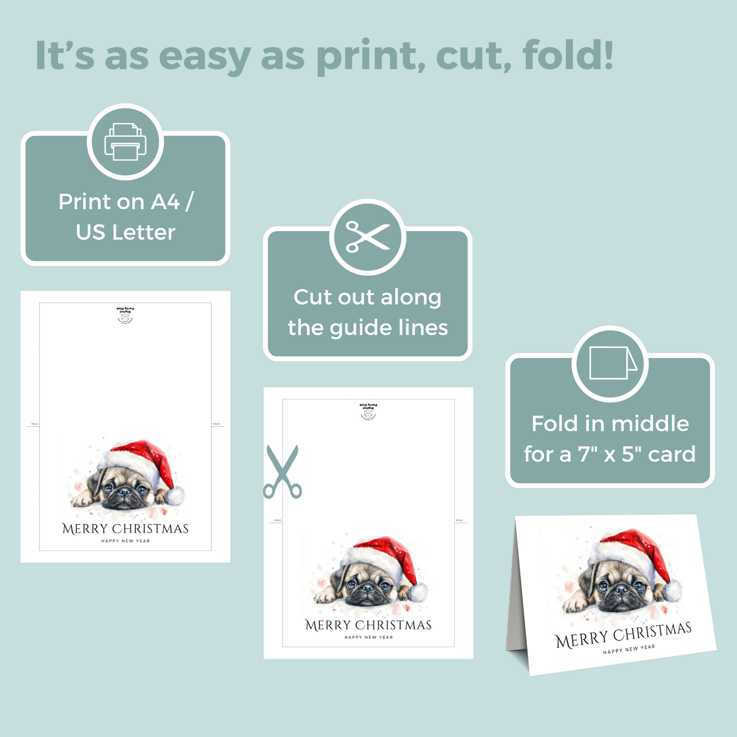 Printable Christmas Card - Cute Pug Dog