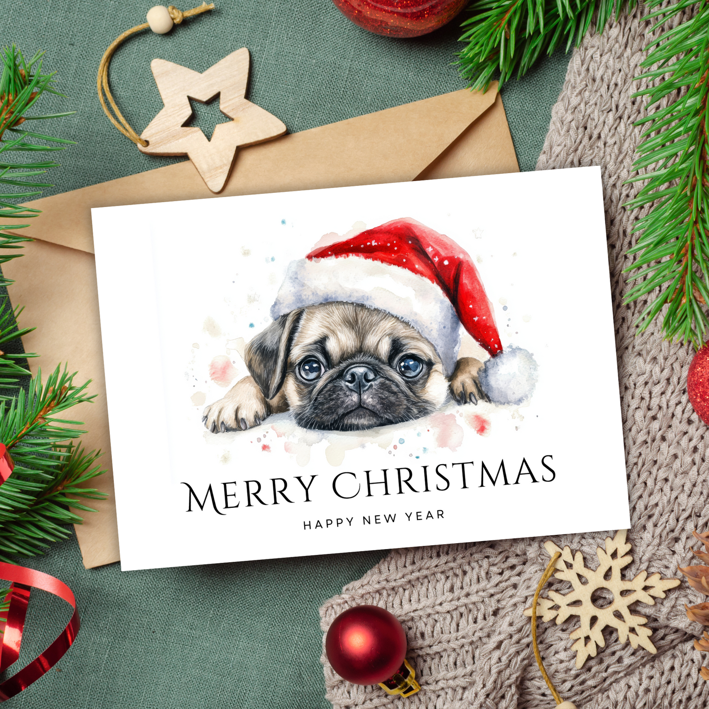 Printable Christmas Card - Cute Pug Dog