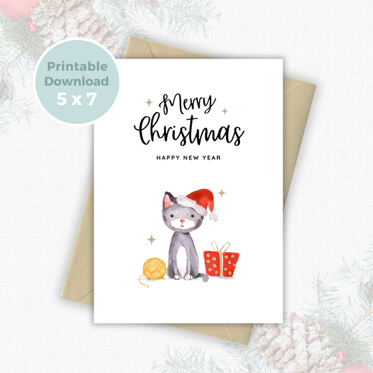 Printable Christmas Card - Cute Cat Wearing Santa Hat