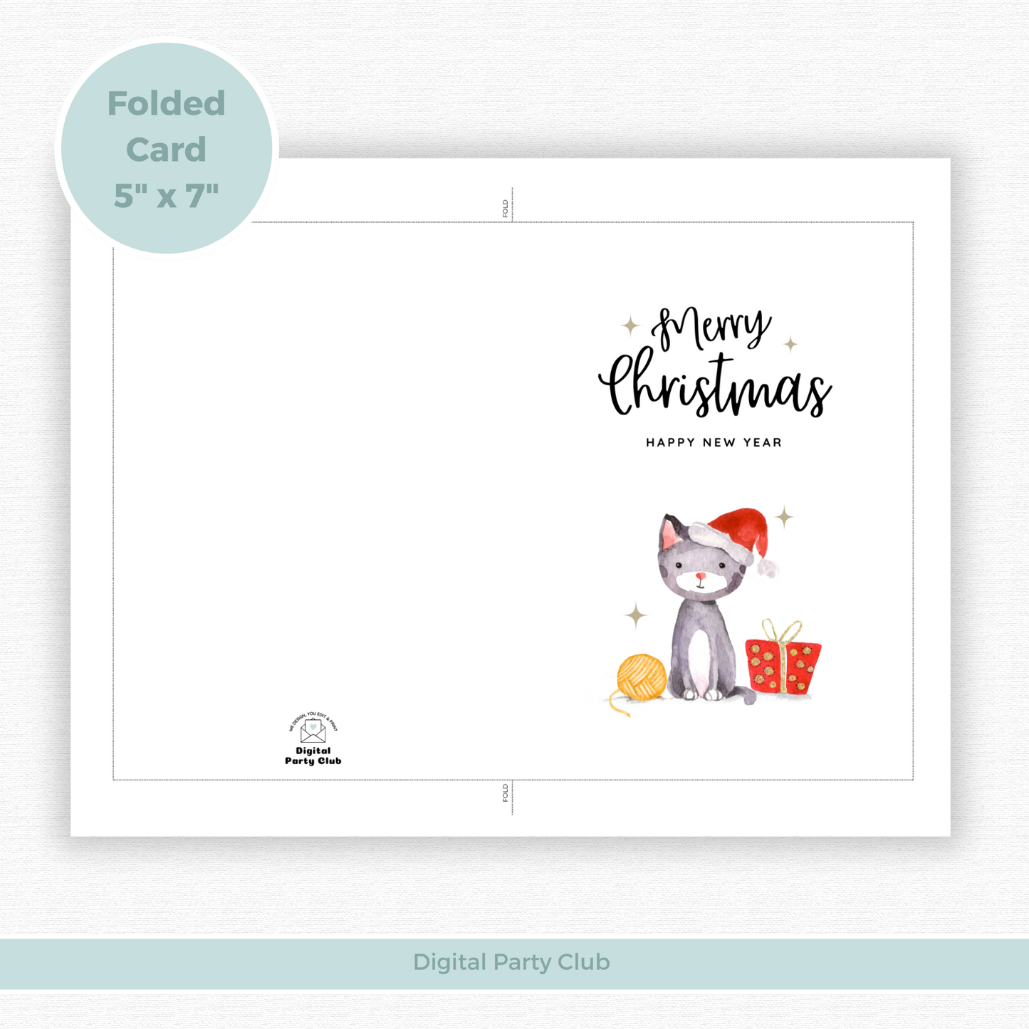 Printable Christmas Card - Cute Cat Wearing Santa Hat