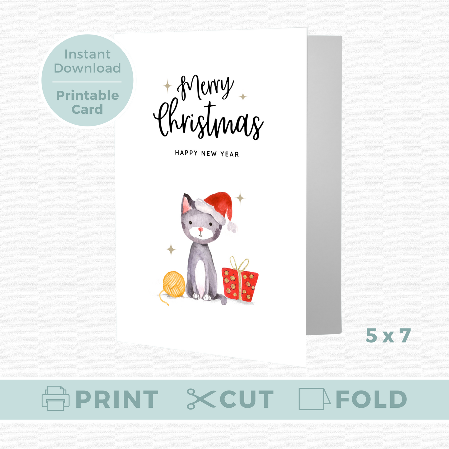 Printable Christmas Card - Cute Cat Wearing Santa Hat