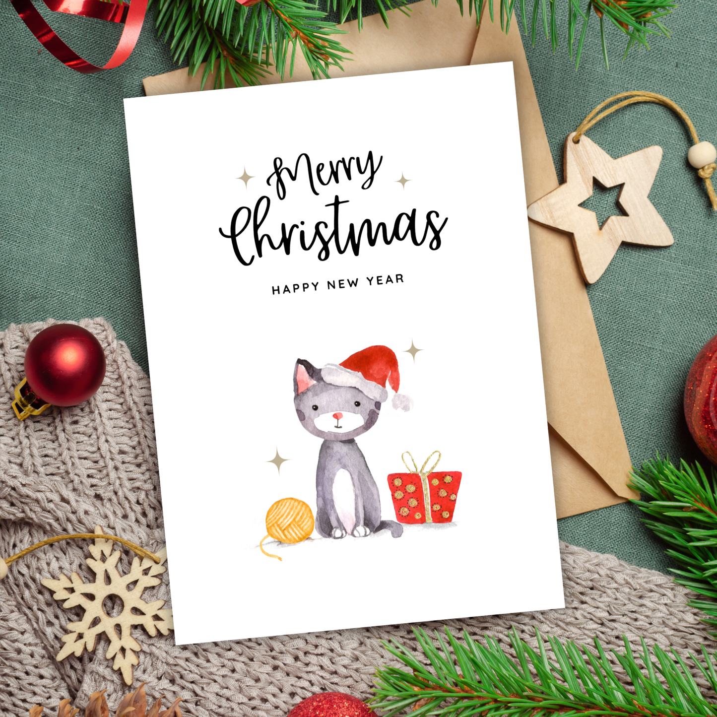 Printable Christmas Card - Cute Cat Wearing Santa Hat