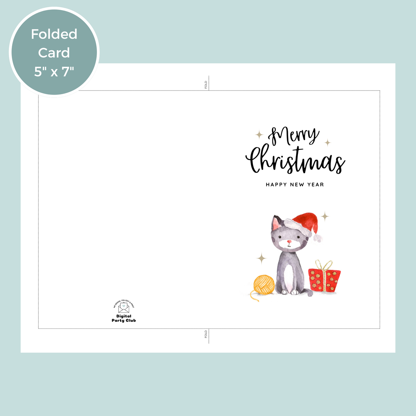 Printable Christmas Card - Cute Cat Wearing Santa Hat