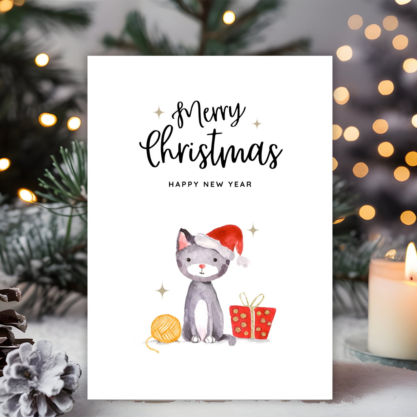 Printable Christmas Card - Cute Cat Wearing Santa Hat