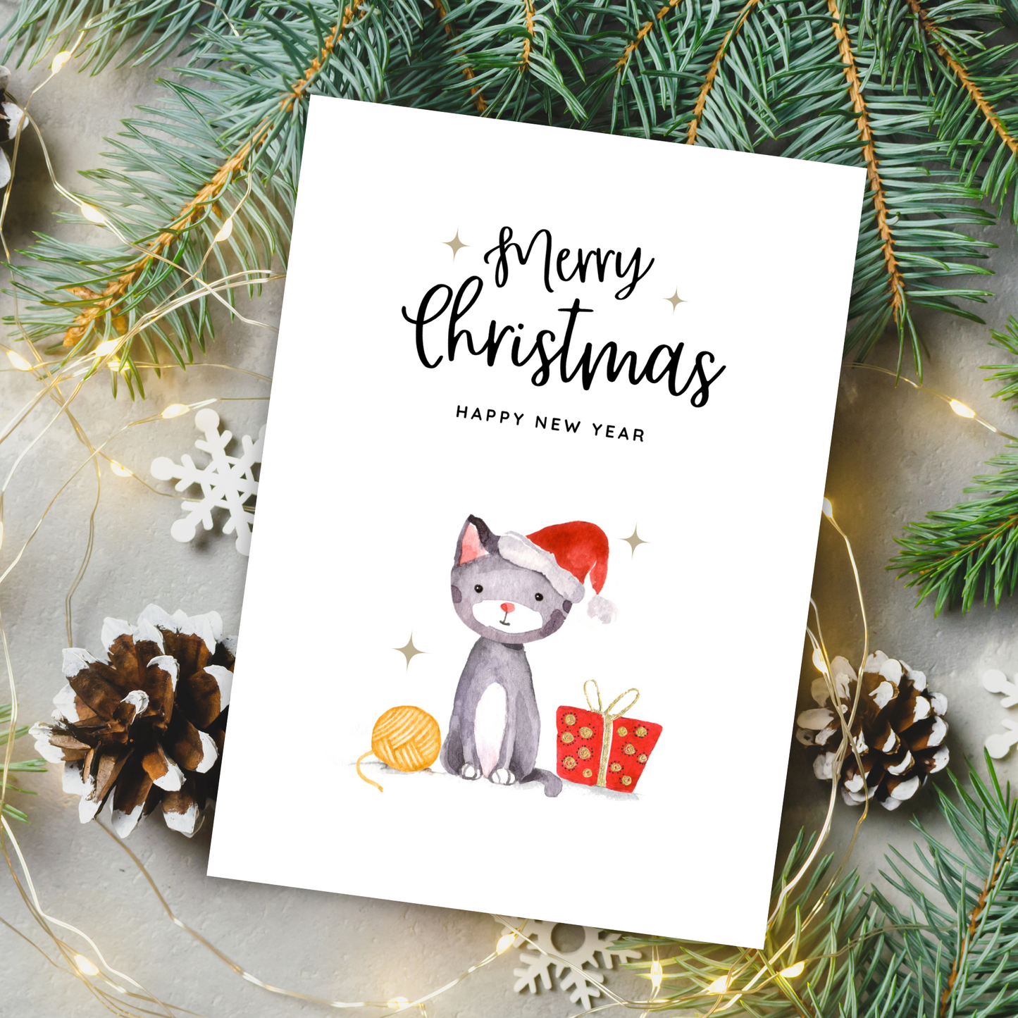Printable Christmas Card - Cute Cat Wearing Santa Hat