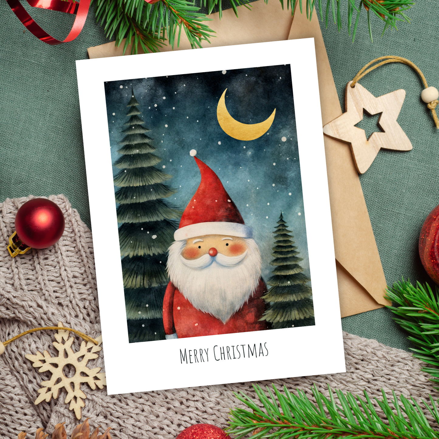 Printable Christmas Card - Starry Night Santa
