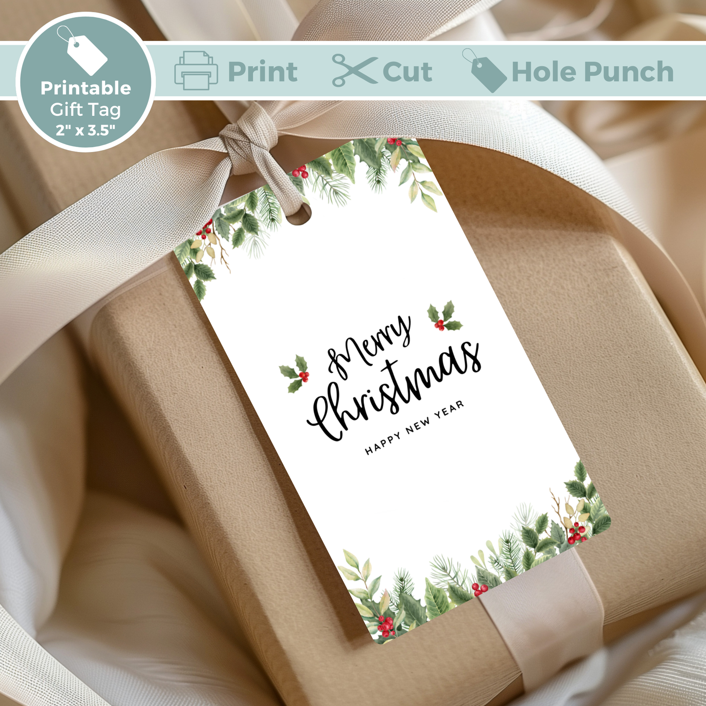Printable Christmas Gift Tag - Festive Flowers