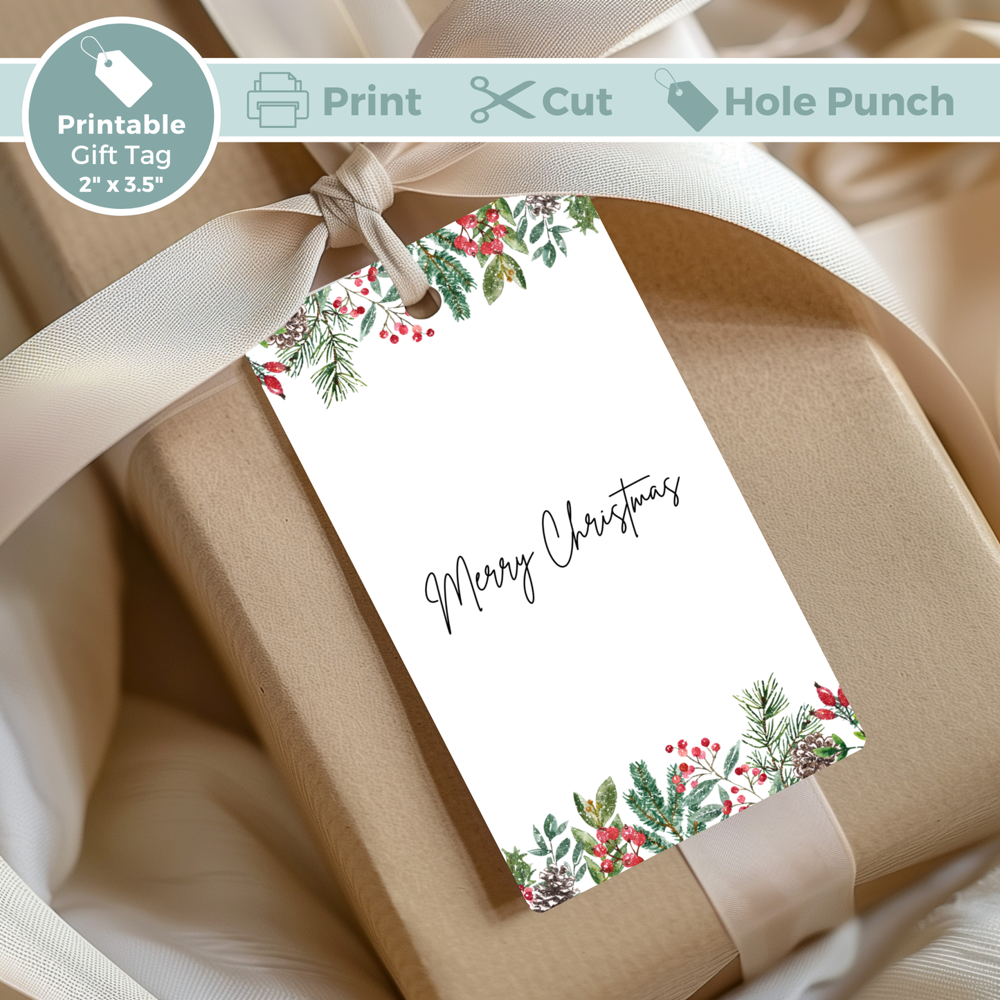 Printable Christmas Gift Tag - Festive Flowers