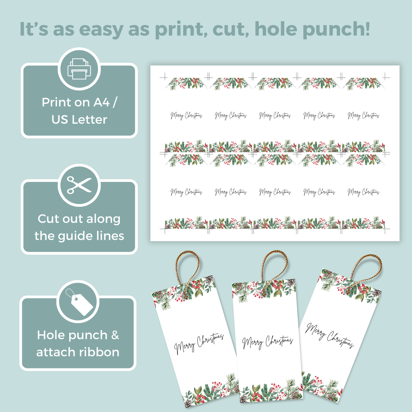 Printable Christmas Gift Tag - Festive Flowers