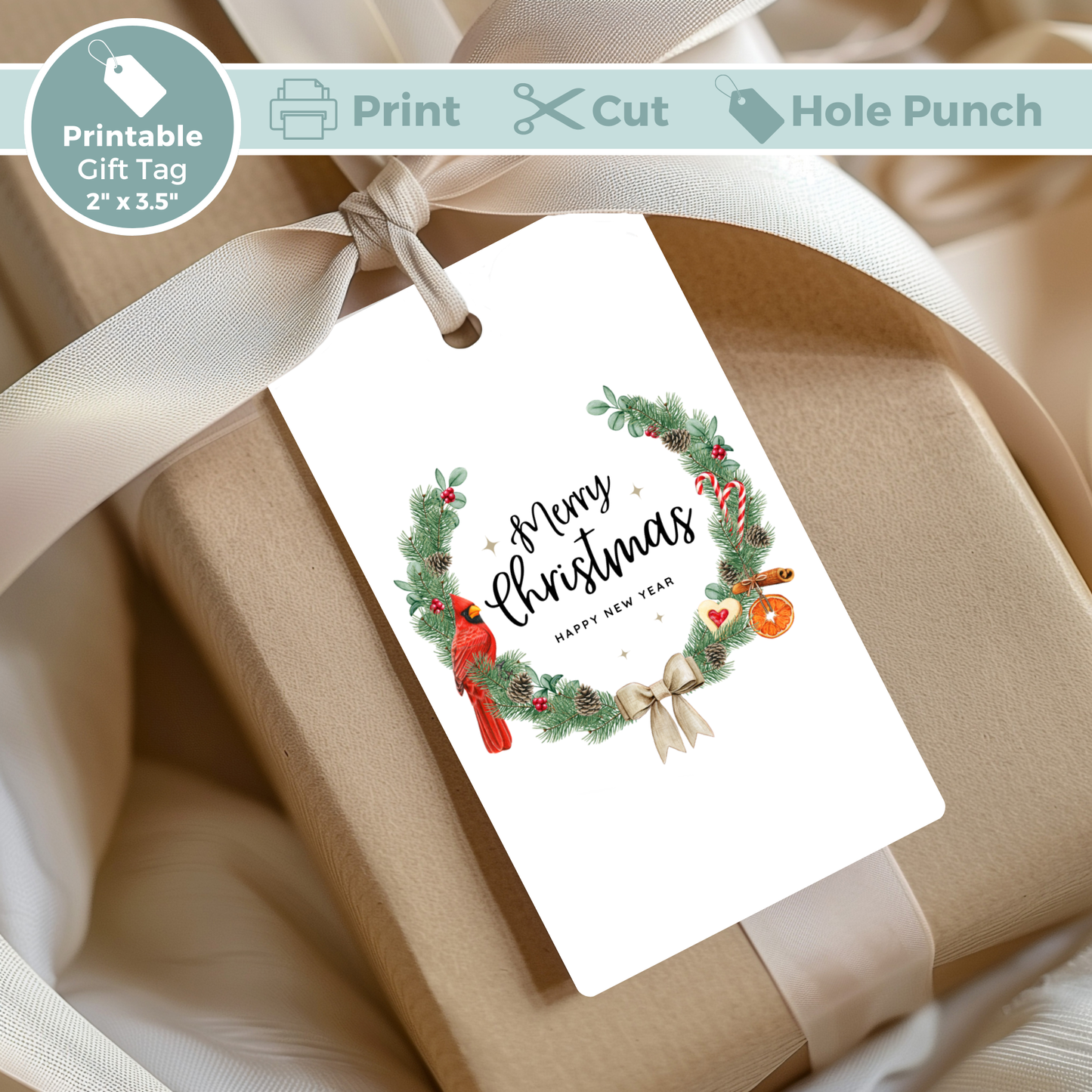 Printable Christmas Gift Tag - Wreath
