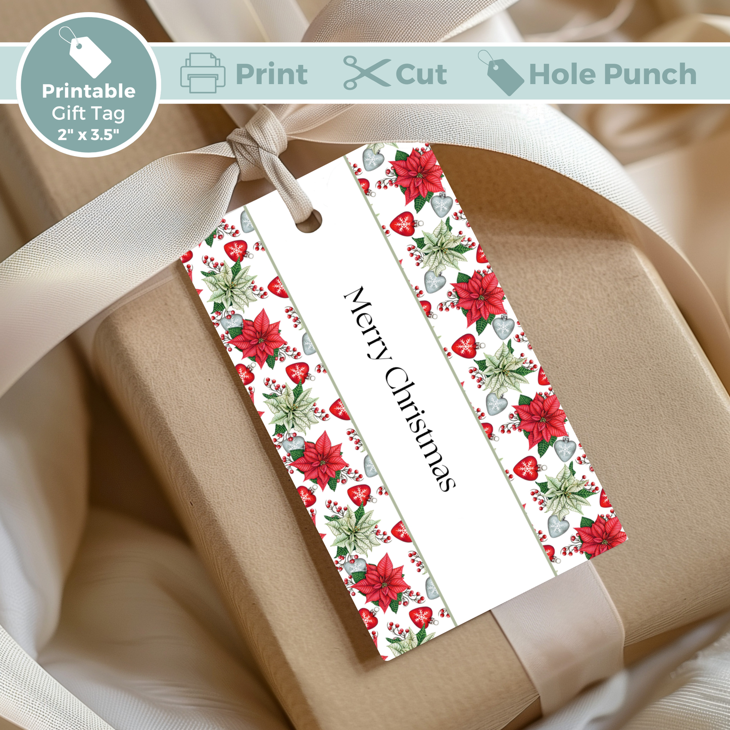 Printable Christmas Gift Tag - Poinsettia Flowers