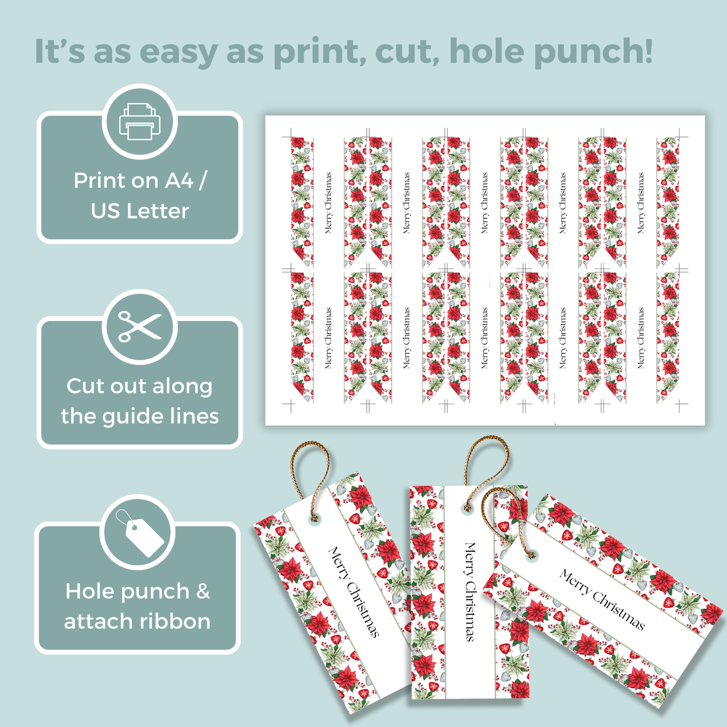 Printable Christmas Gift Tag - Poinsettia Flowers