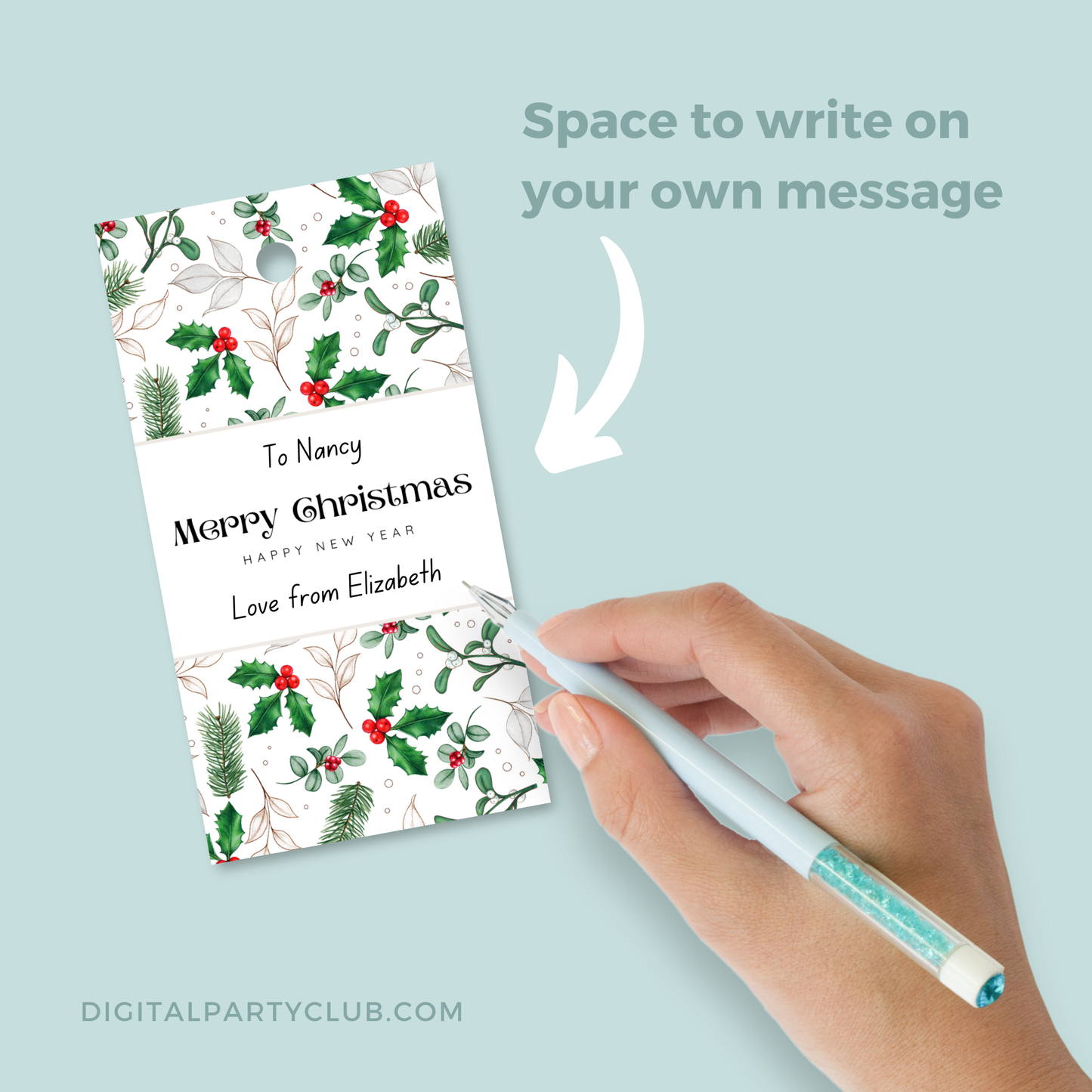 Printable Christmas Gift Tag - Holly Berries & Mistletoe