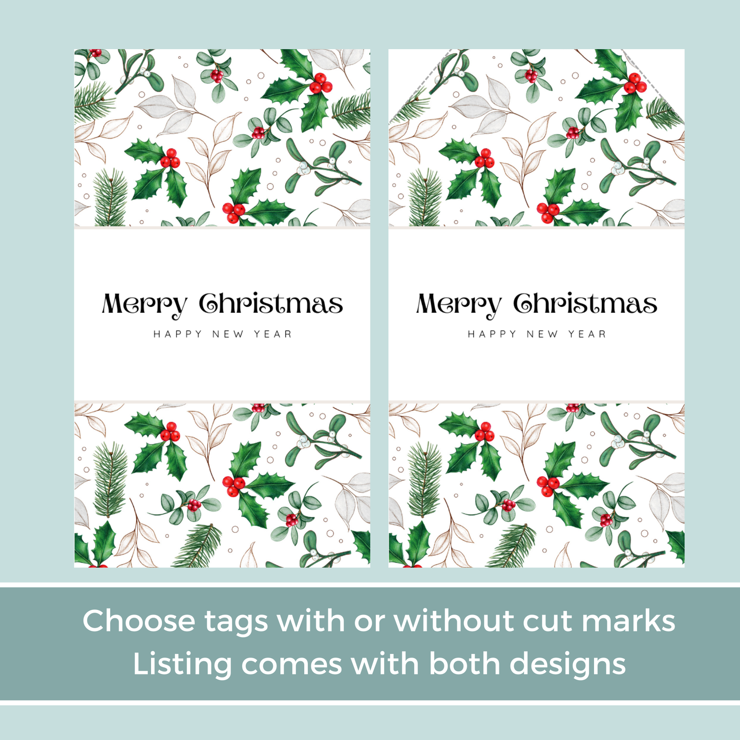 Printable Christmas Gift Tag - Holly Berries & Mistletoe