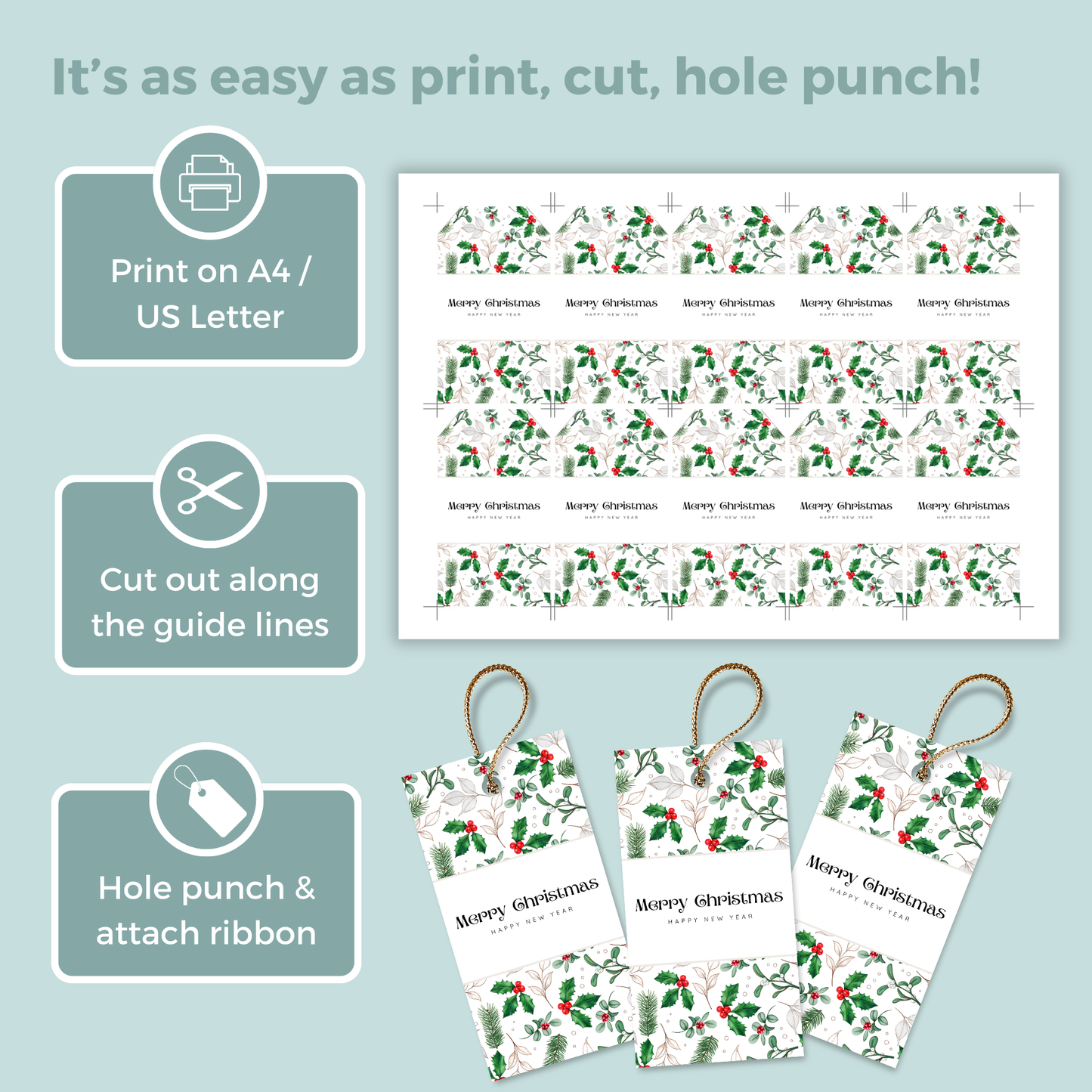 Printable Christmas Gift Tag - Holly Berries & Mistletoe