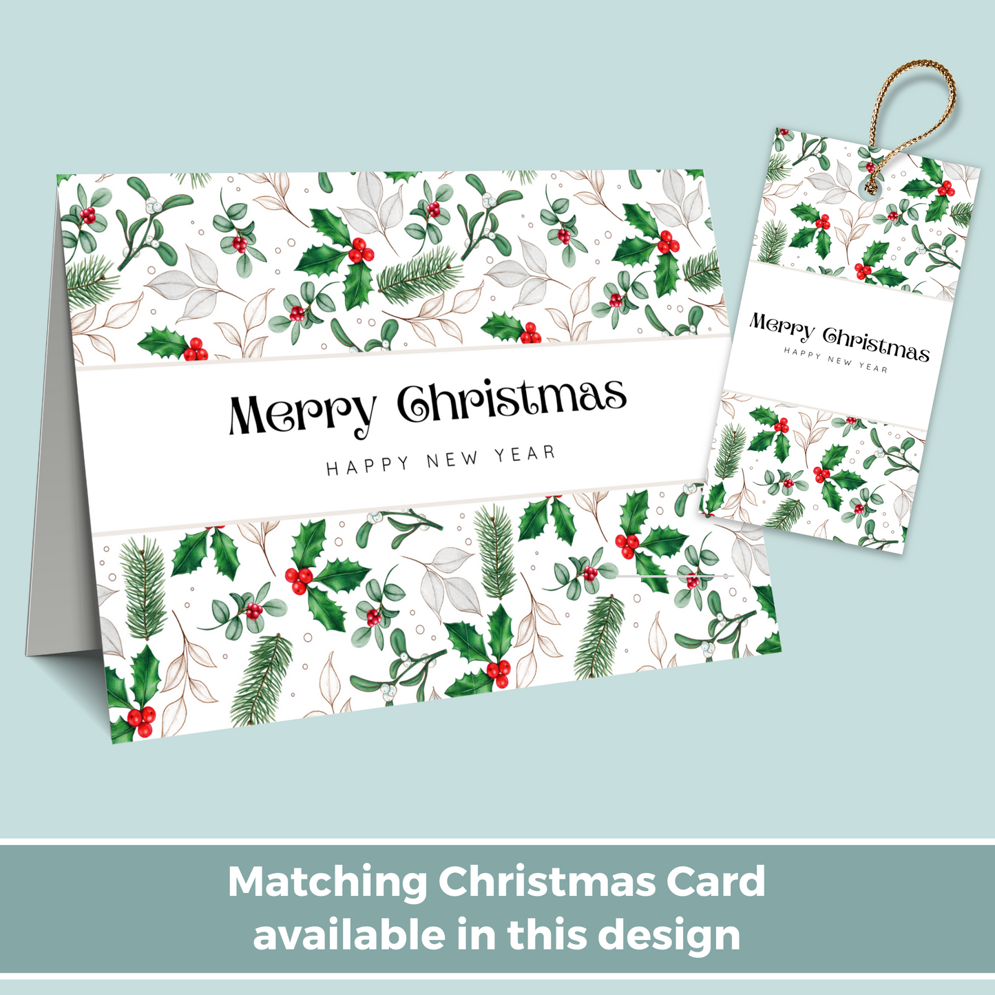 Printable Christmas Gift Tag - Holly Berries & Mistletoe
