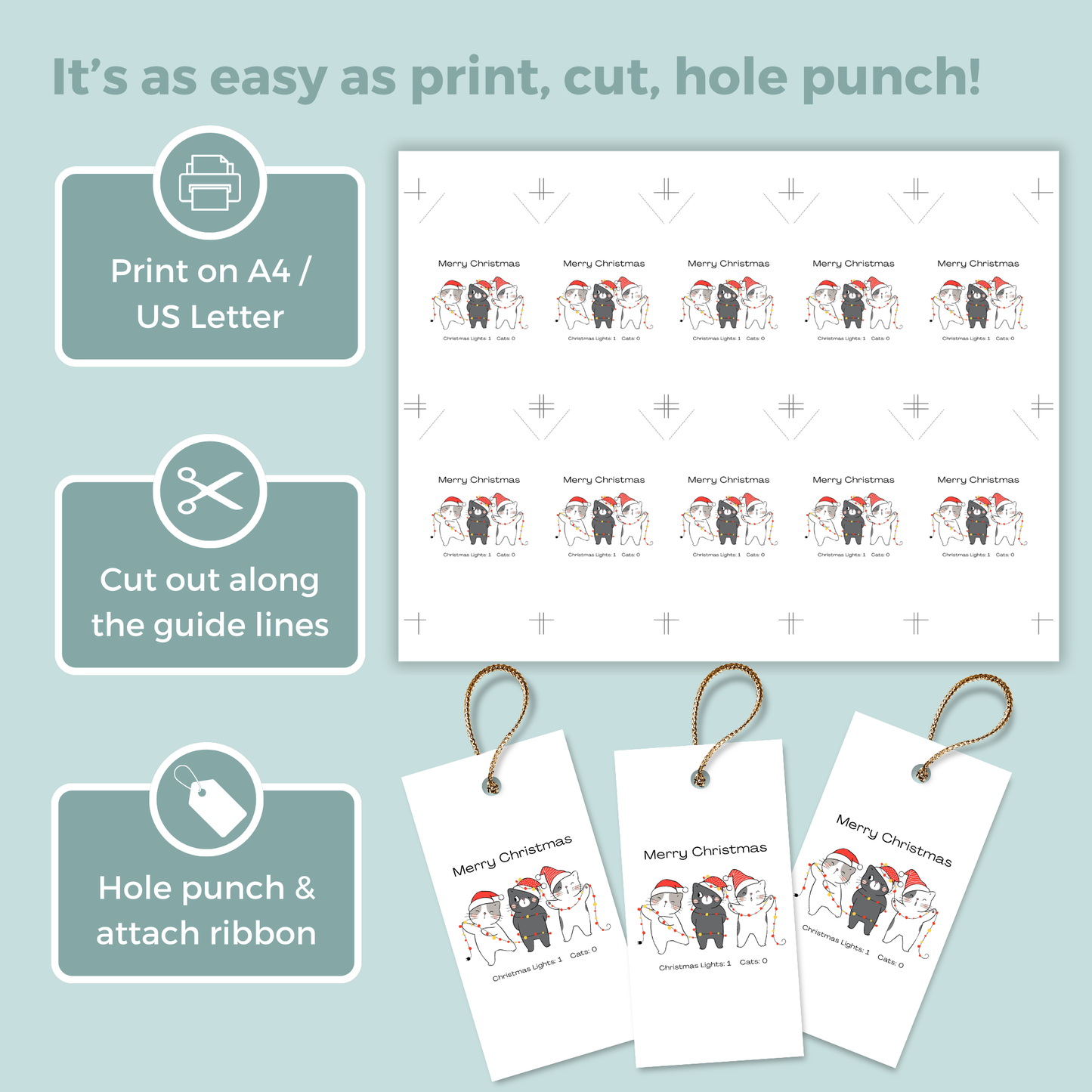 Printable Christmas Gift Tag - Three Cats Tangled