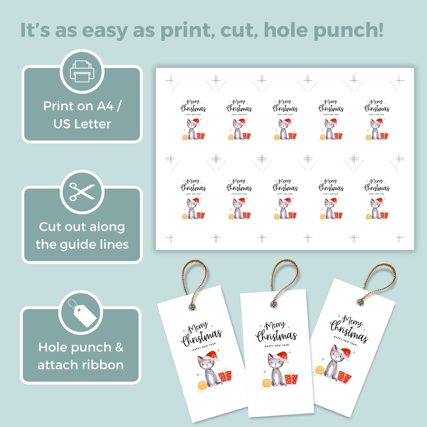 Printable Christmas Gift Tag - Cat with Santa Hat