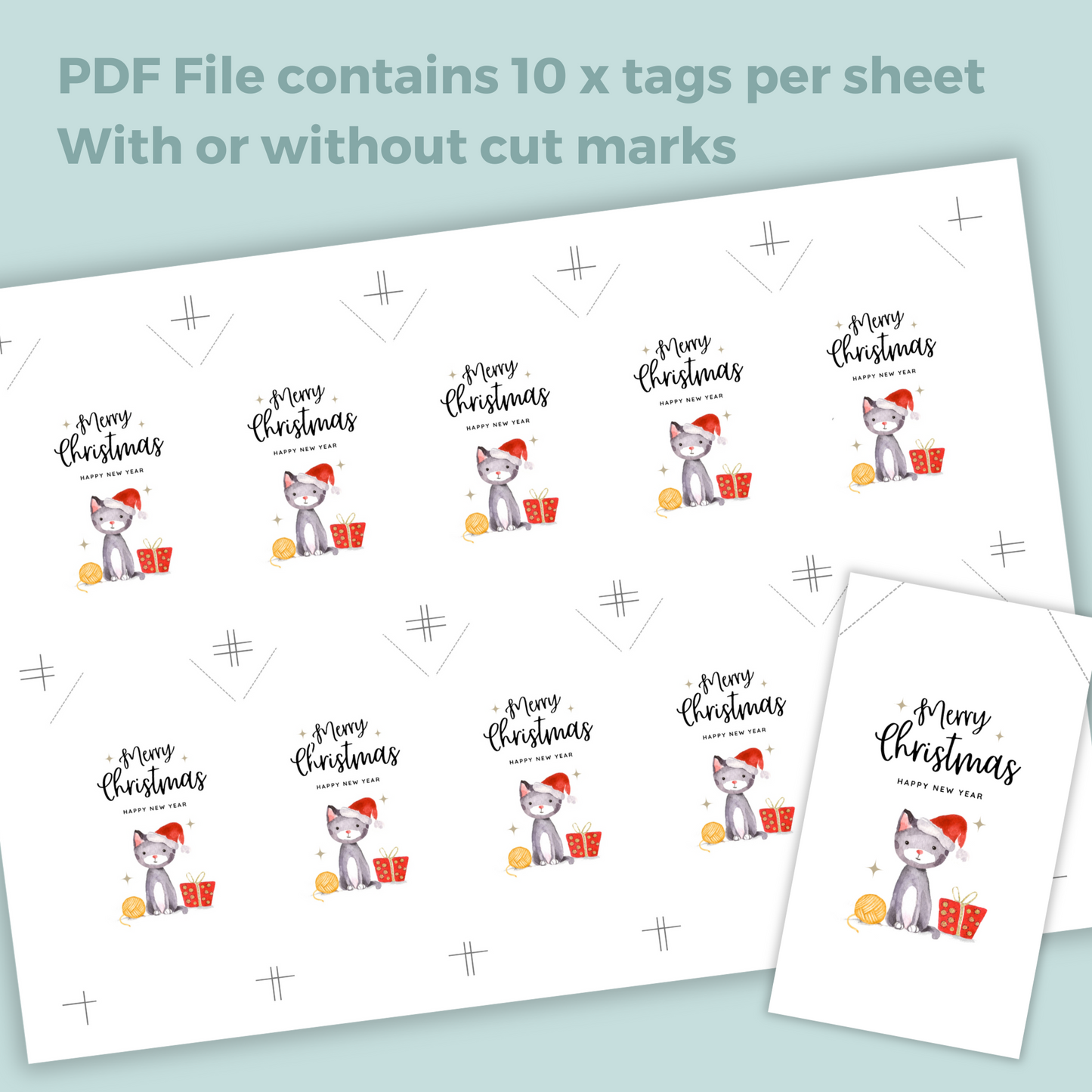 Printable Christmas Gift Tag - Cat with Santa Hat