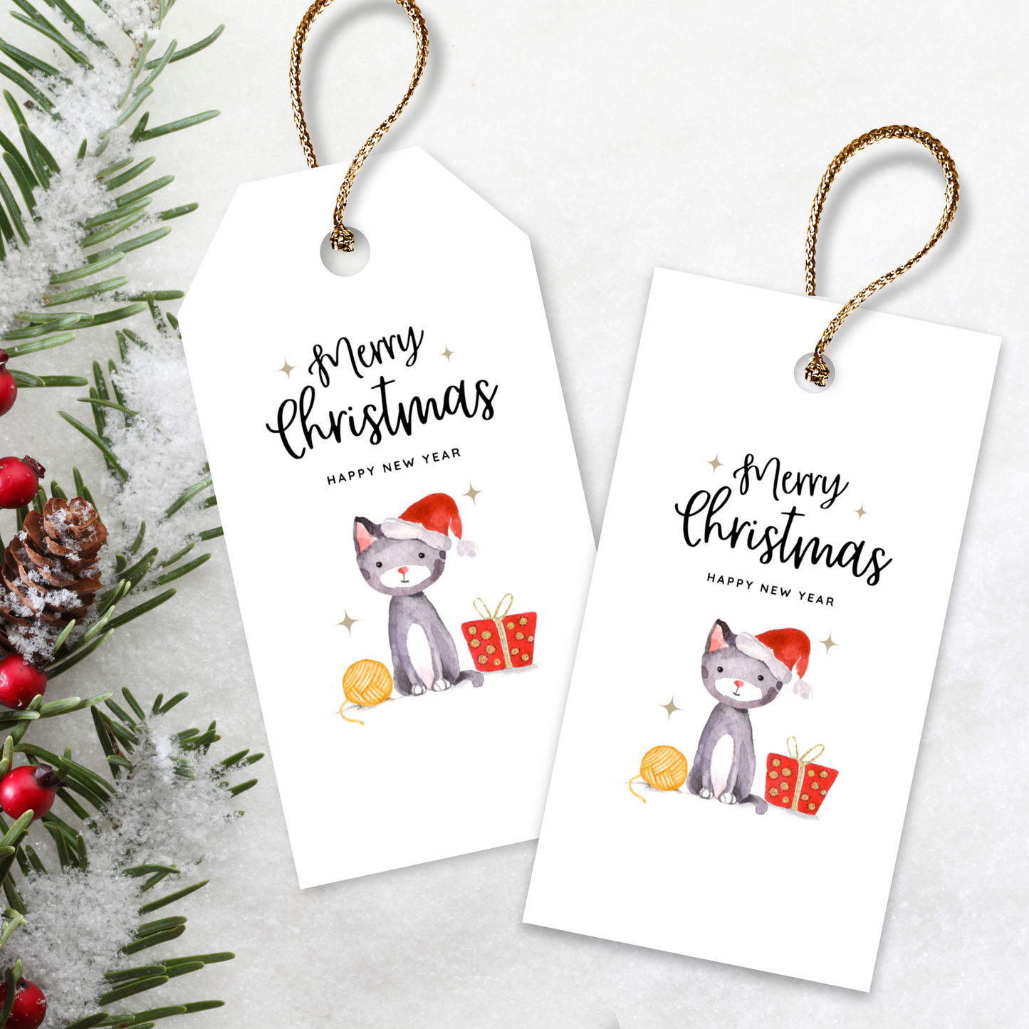 Printable Christmas Gift Tag - Cat with Santa Hat