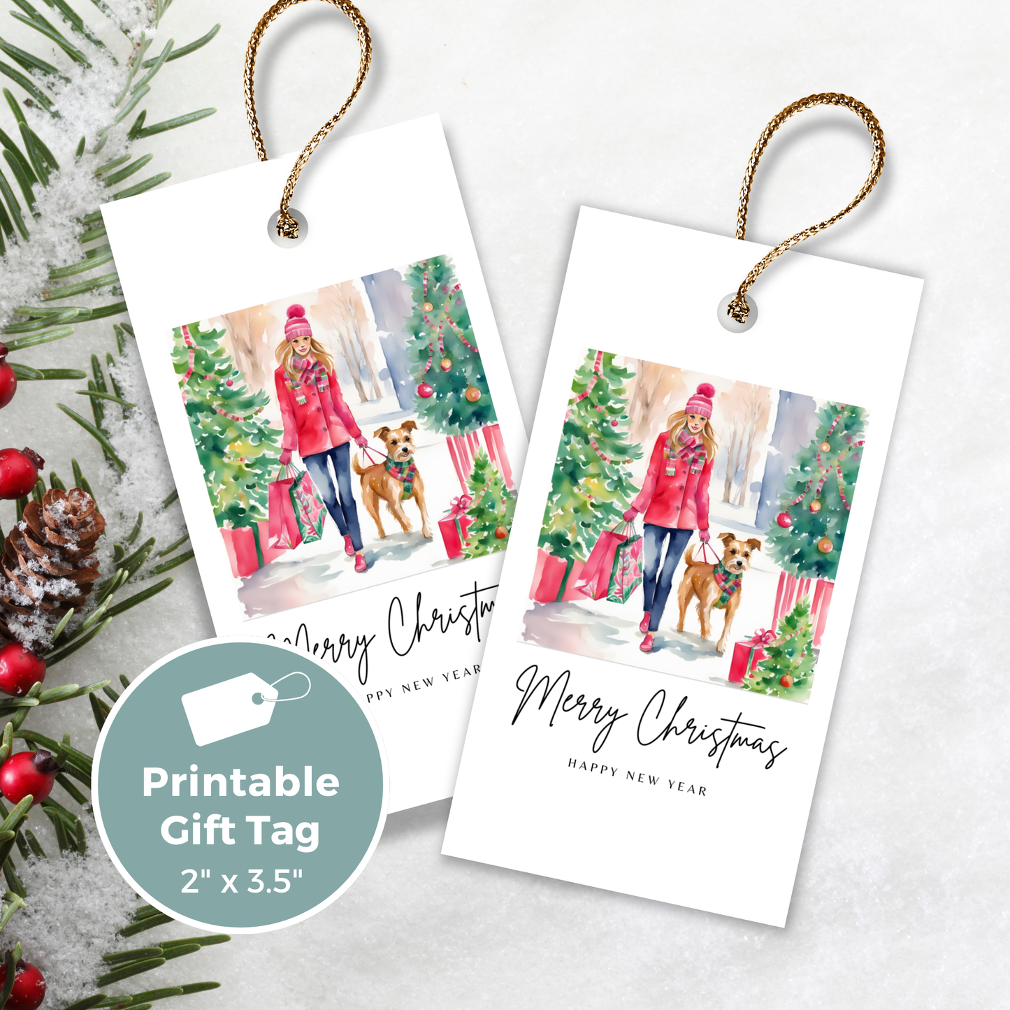 Printable Christmas Gift Tag - Woman with Dog