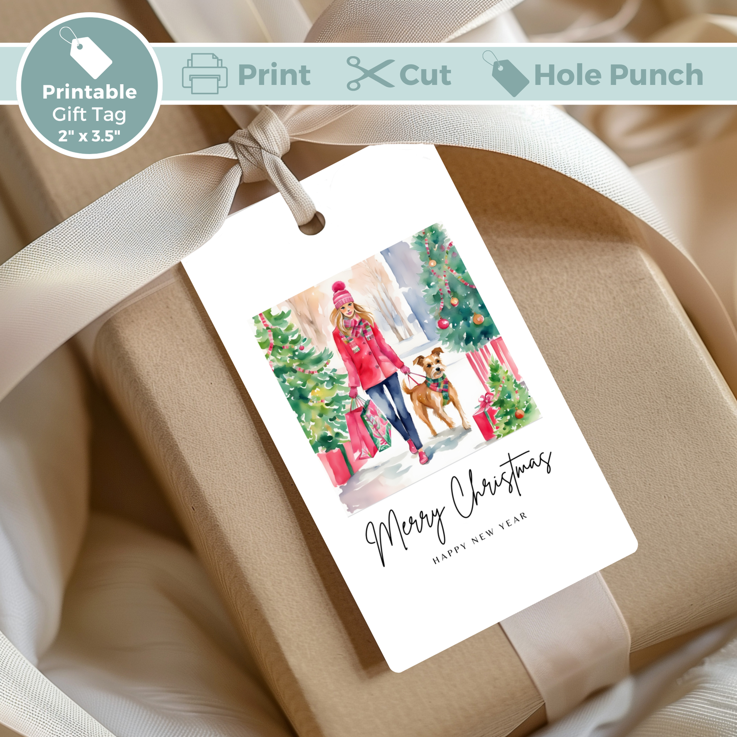 Printable Christmas Gift Tag - Woman with Dog