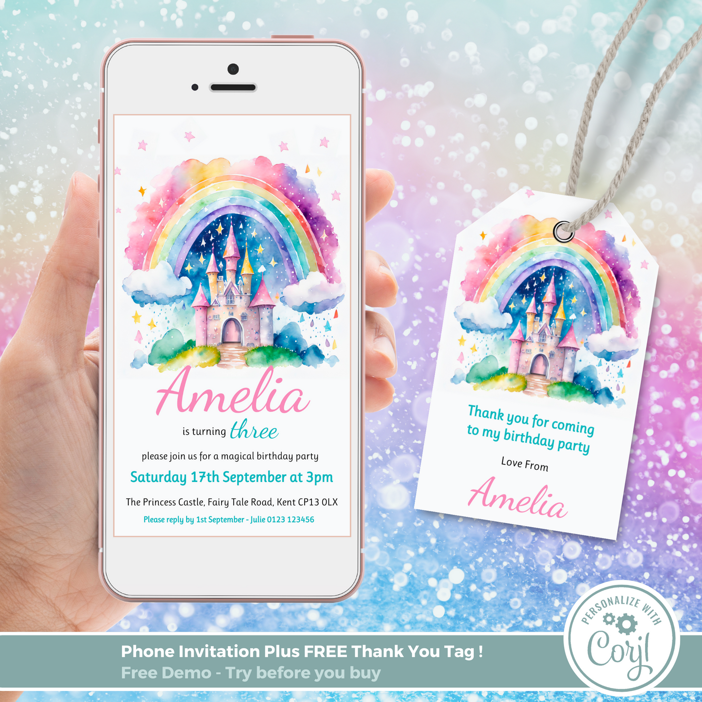 Editable Phone Birthday Invitation and FREE Thank You Tag - Rainbow Castle