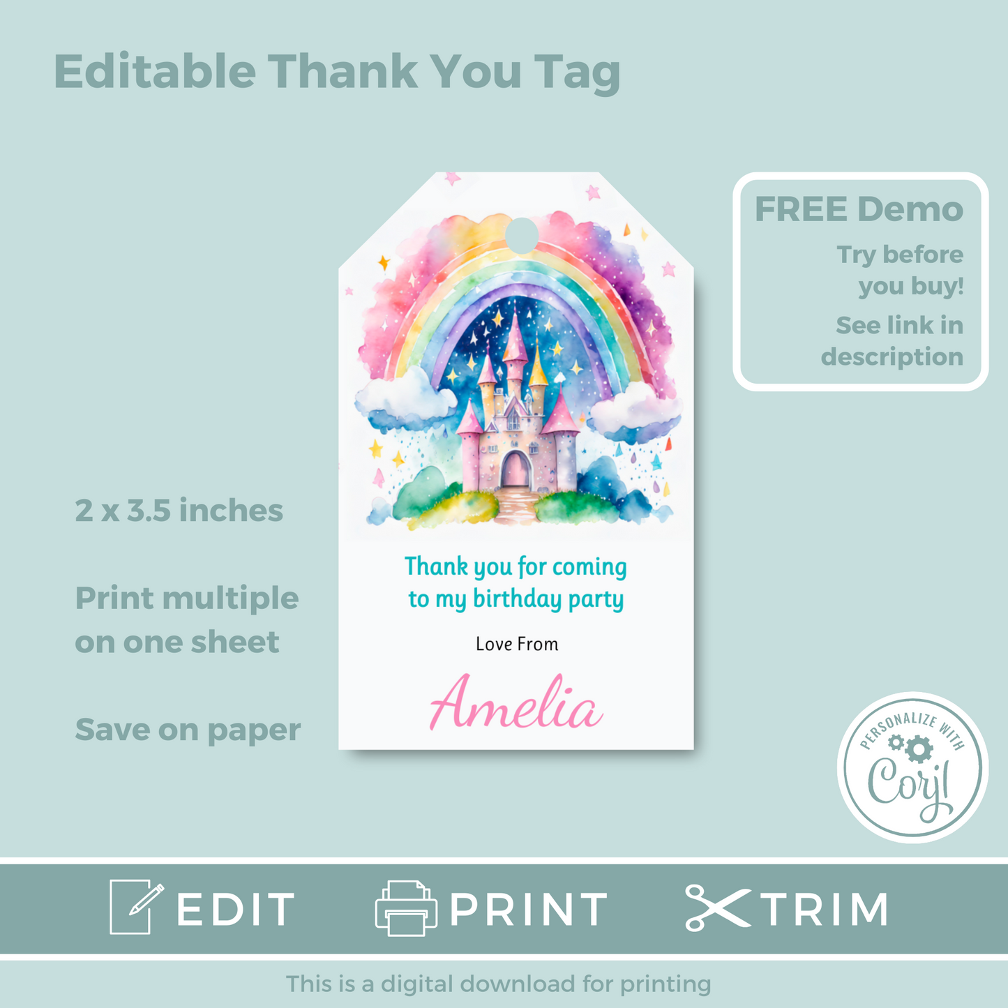 Editable Birthday Thank You Tag - Rainbow Castle