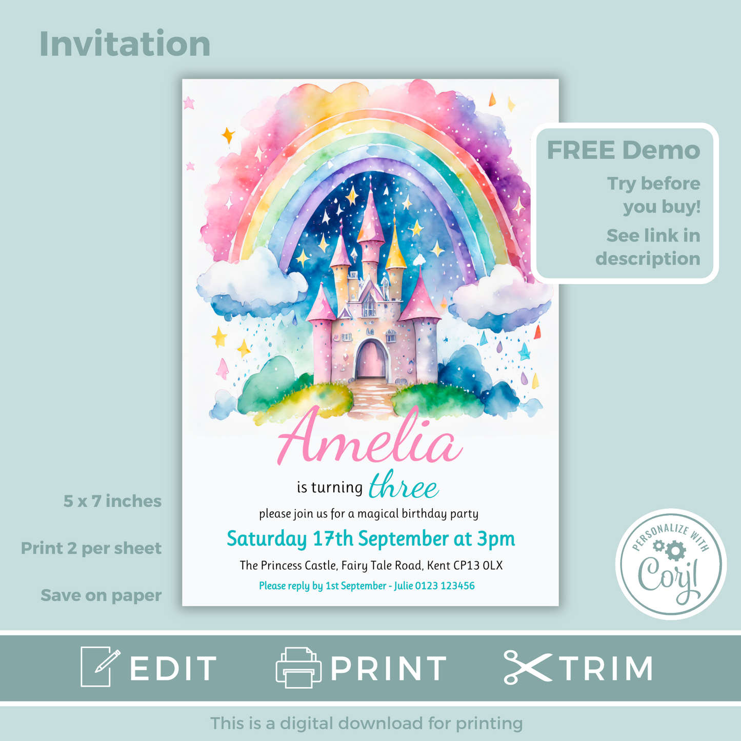 Editable Birthday Invitation and FREE Thank You Tag - Rainbow Castle