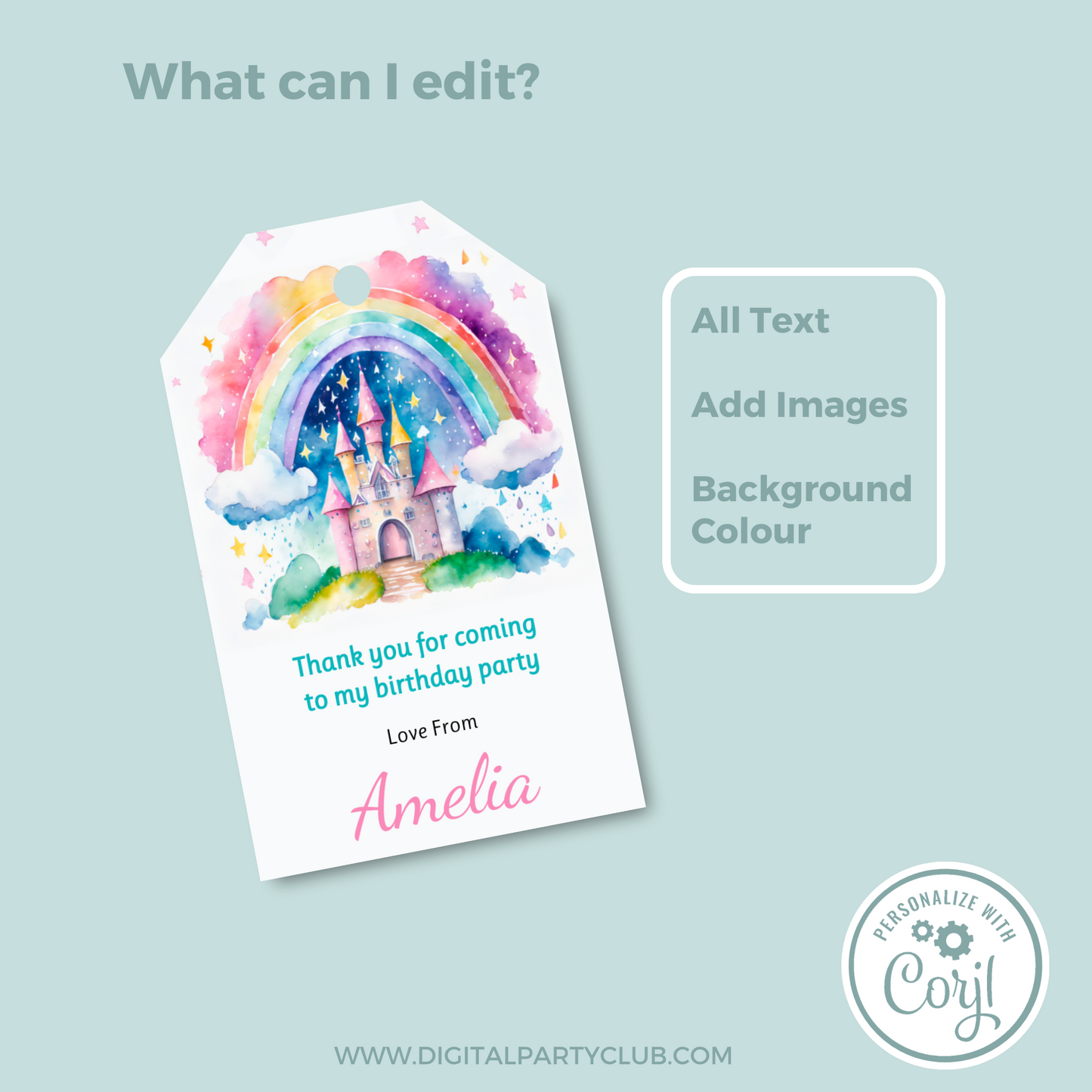 Editable Birthday Thank You Tag - Rainbow Castle