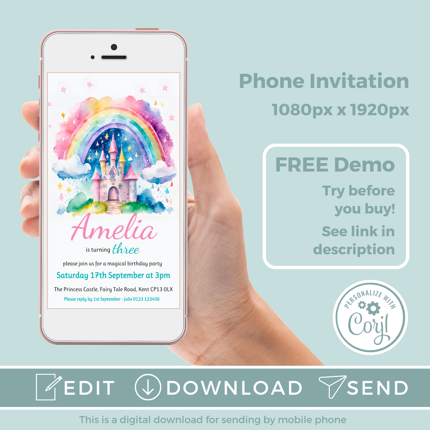 Editable Phone Birthday Invitation and FREE Thank You Tag - Rainbow Castle
