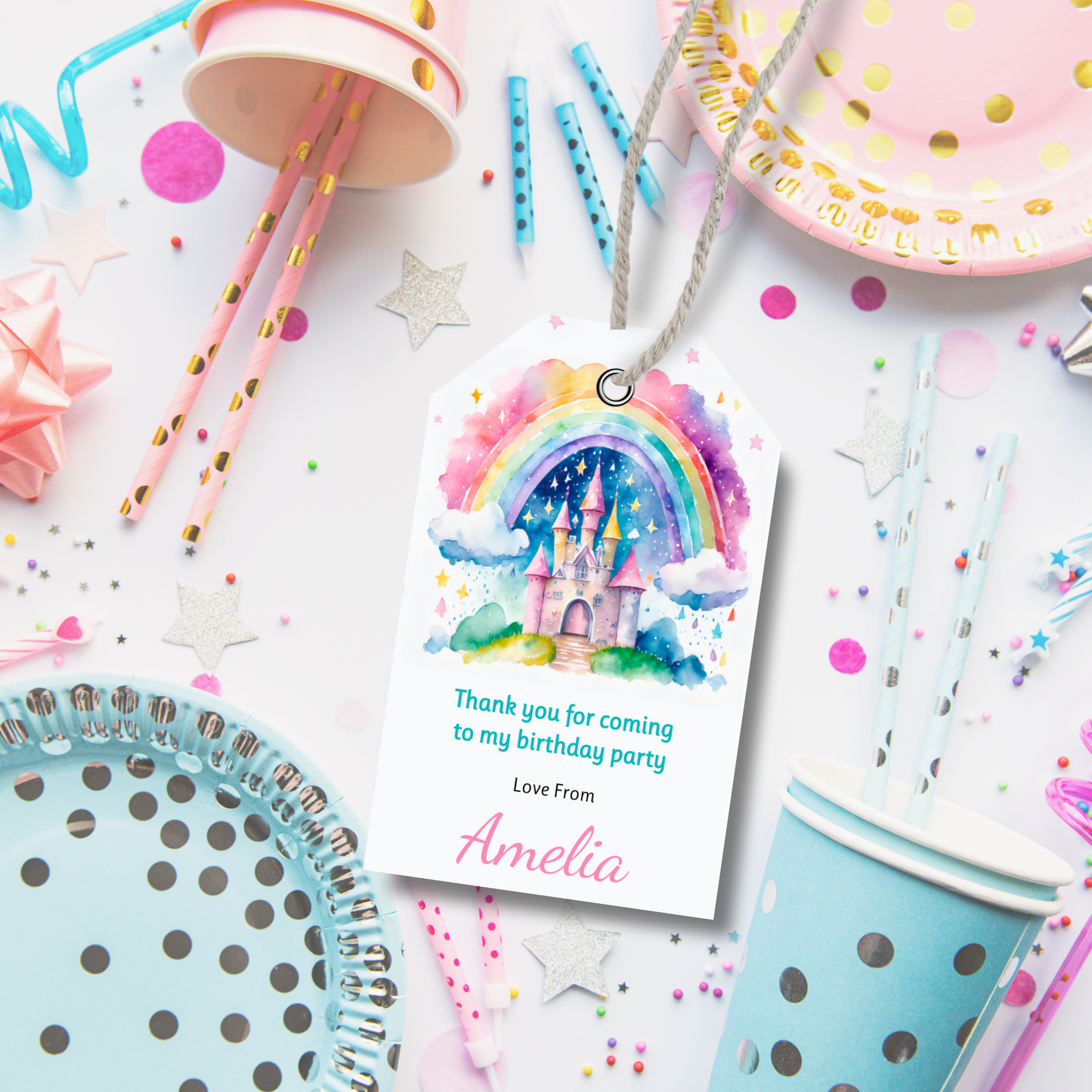 Editable Birthday Thank You Tag - Rainbow Castle