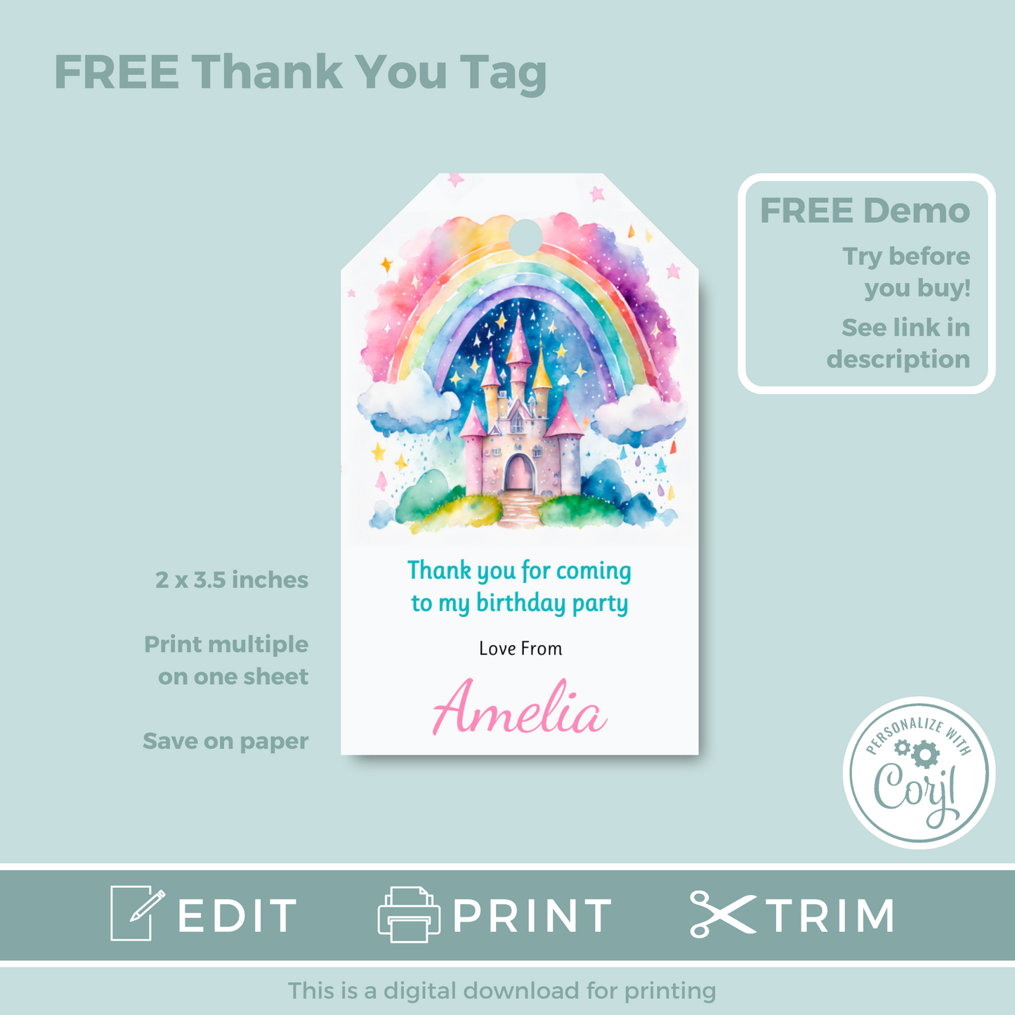 Editable Phone Birthday Invitation and FREE Thank You Tag - Rainbow Castle