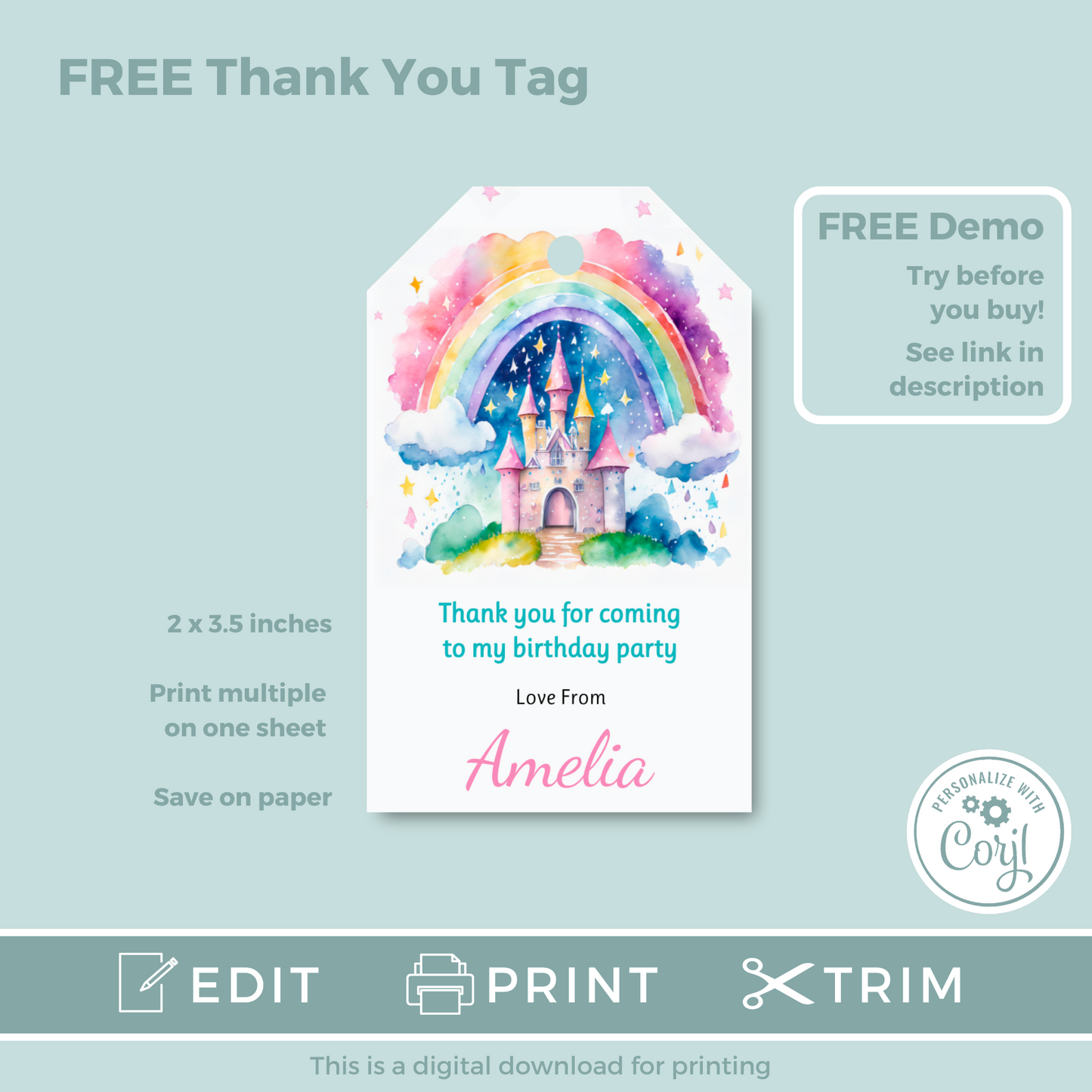 Editable Birthday Invitation and FREE Thank You Tag - Rainbow Castle