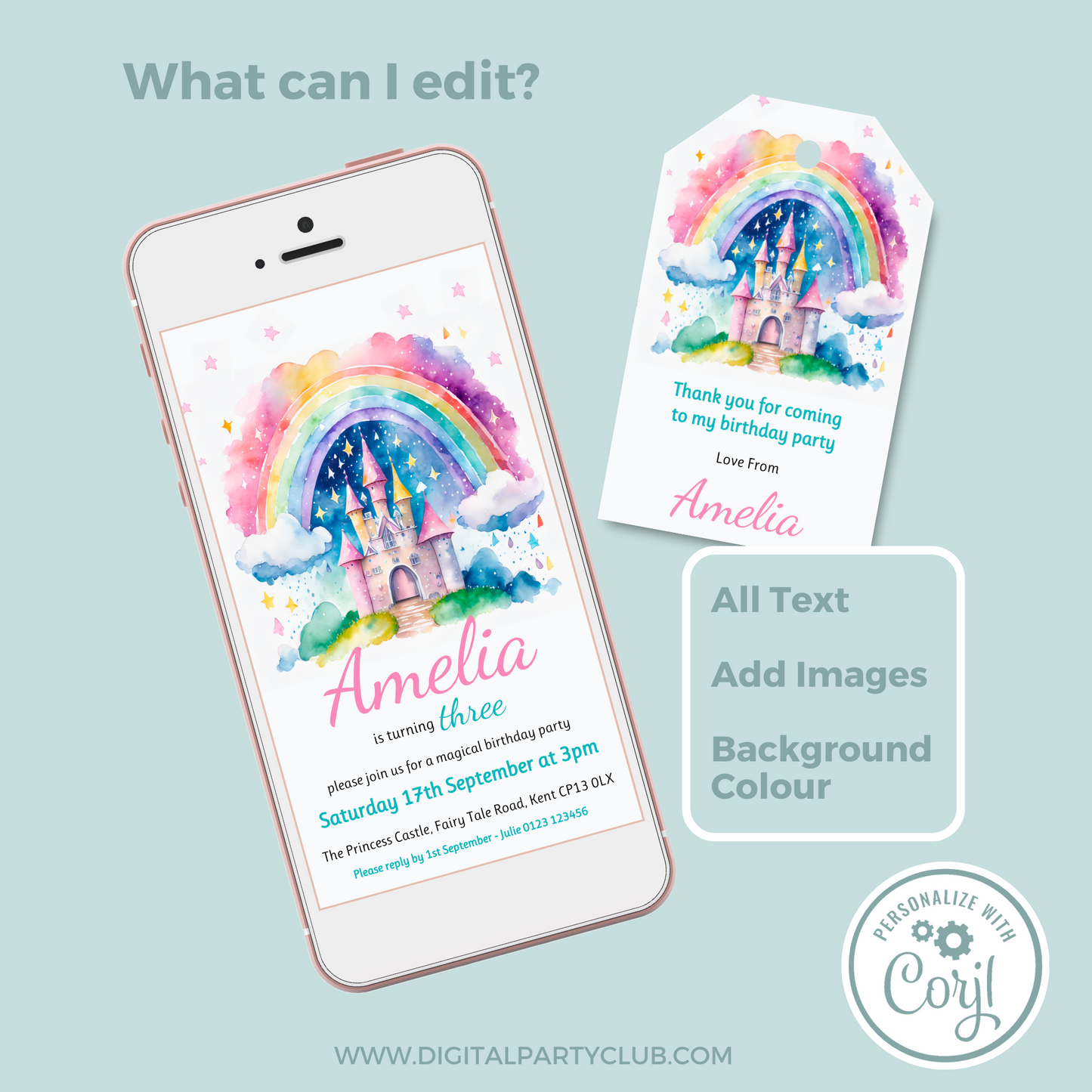 Editable Phone Birthday Invitation and FREE Thank You Tag - Rainbow Castle