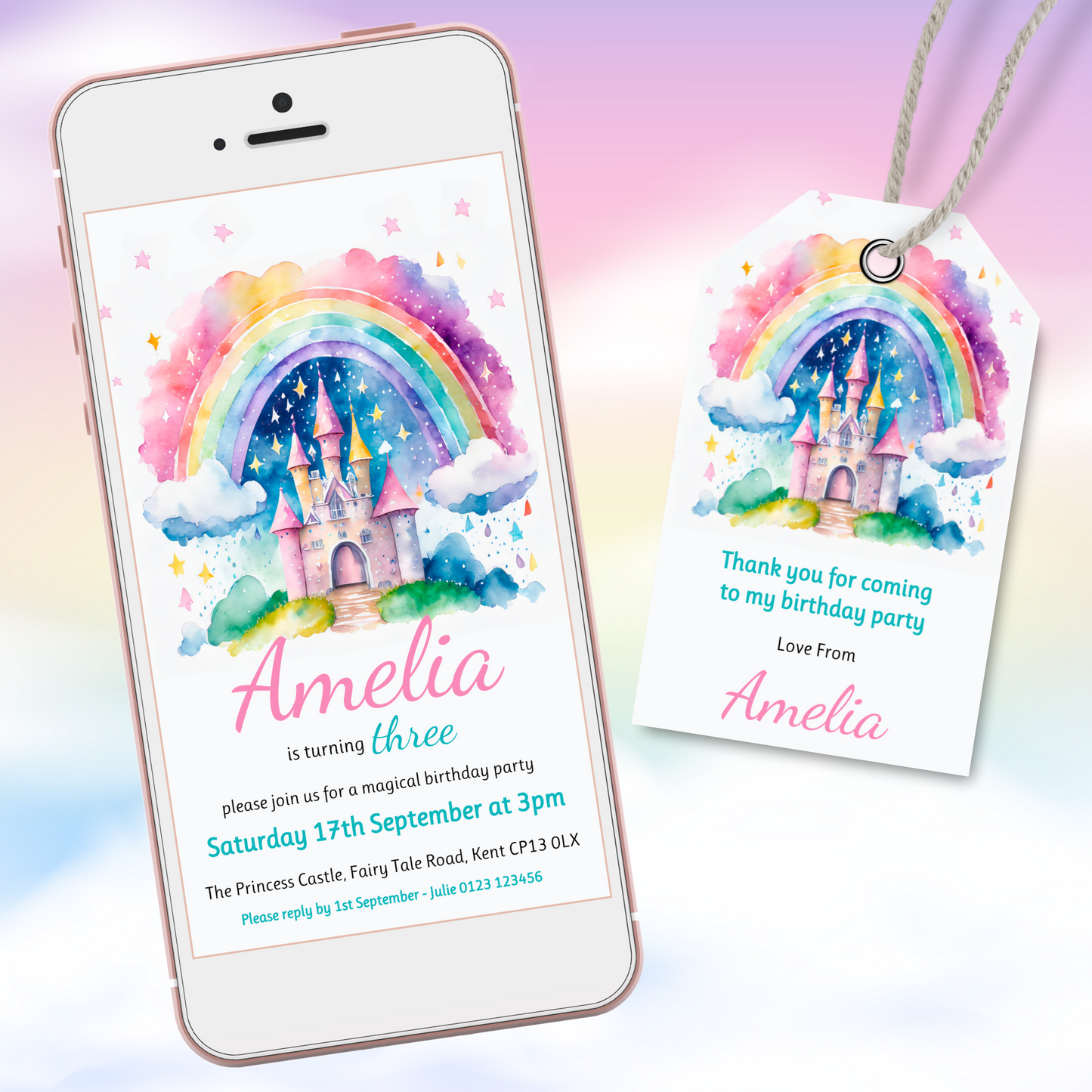 Editable Phone Birthday Invitation and FREE Thank You Tag - Rainbow Castle