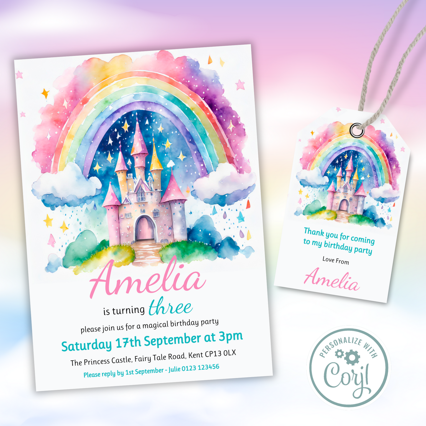 Editable Birthday Invitation and FREE Thank You Tag - Rainbow Castle