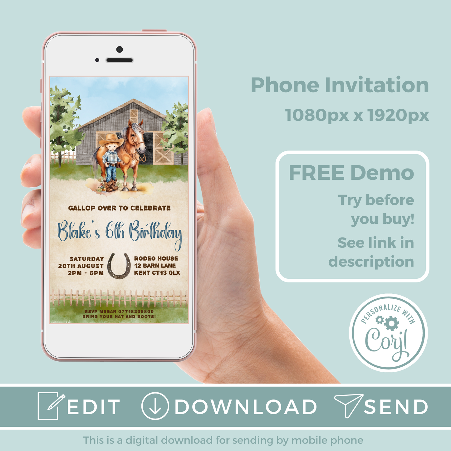 Editable Evite Birthday Invitation and FREE Thank You Tag - Cowboy