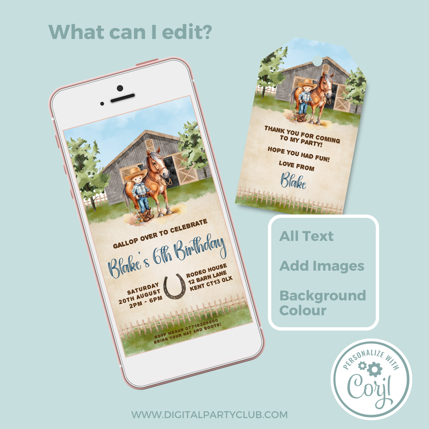 Editable Evite Birthday Invitation and FREE Thank You Tag - Cowboy