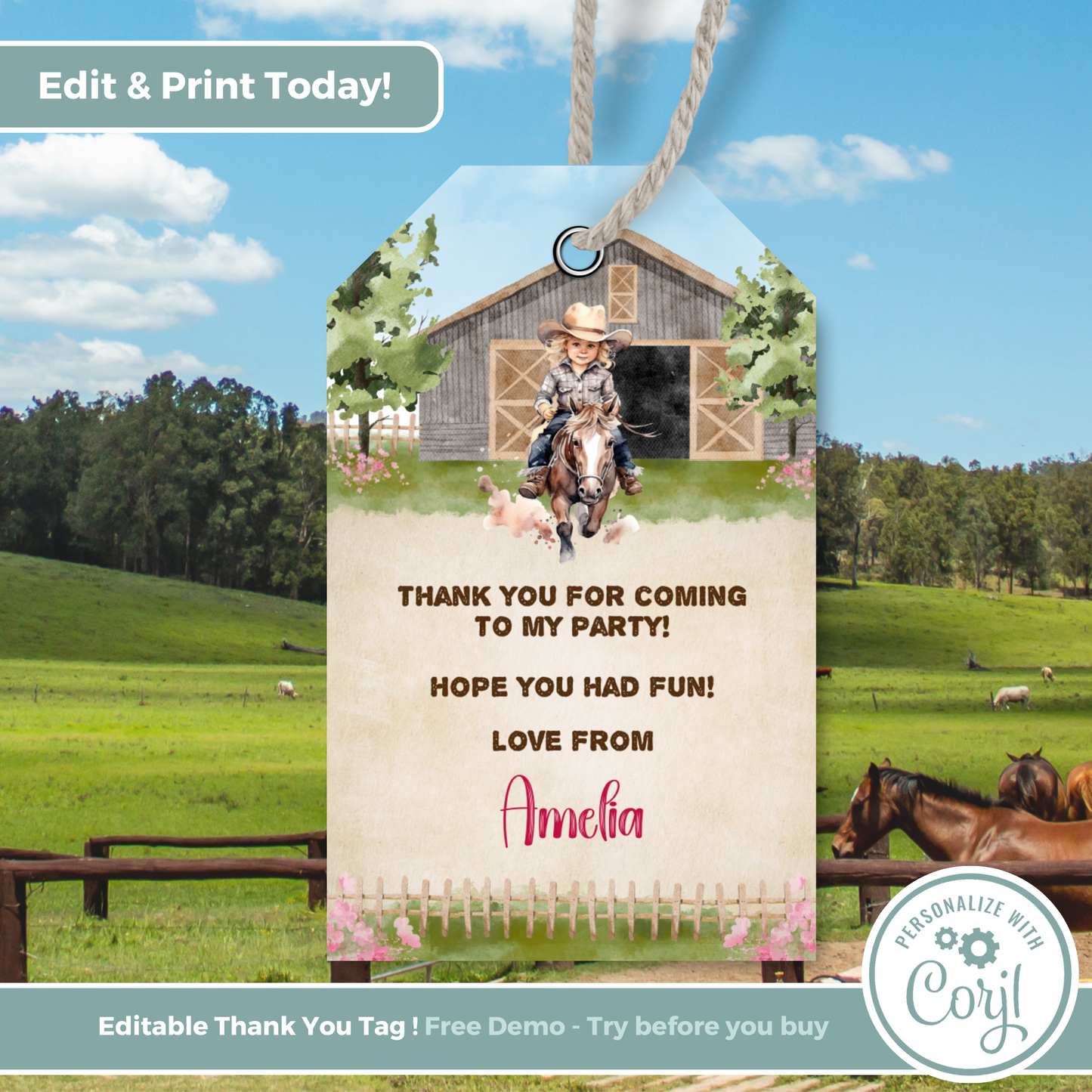 Editable Birthday Thank You Tag - Wild West