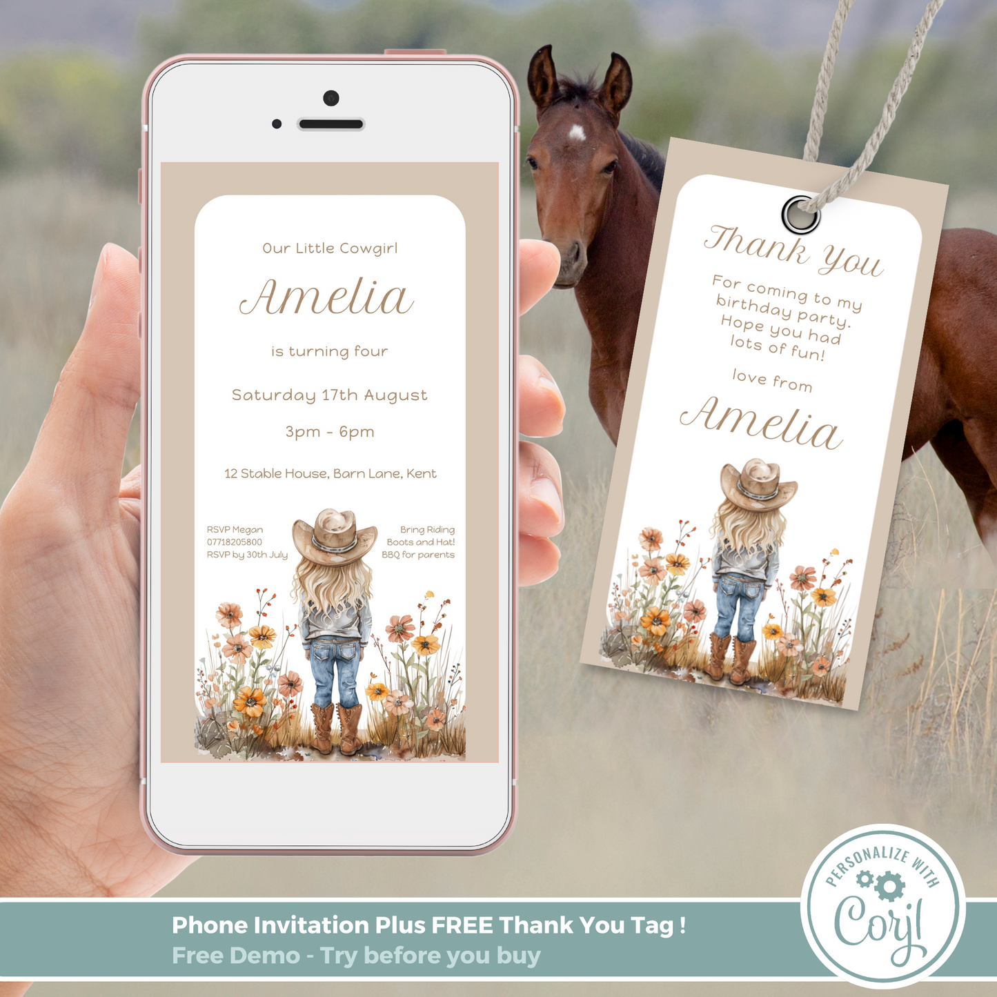 Editable Evite Birthday Invitation and FREE Thank You Tag - Cowgirl Beige