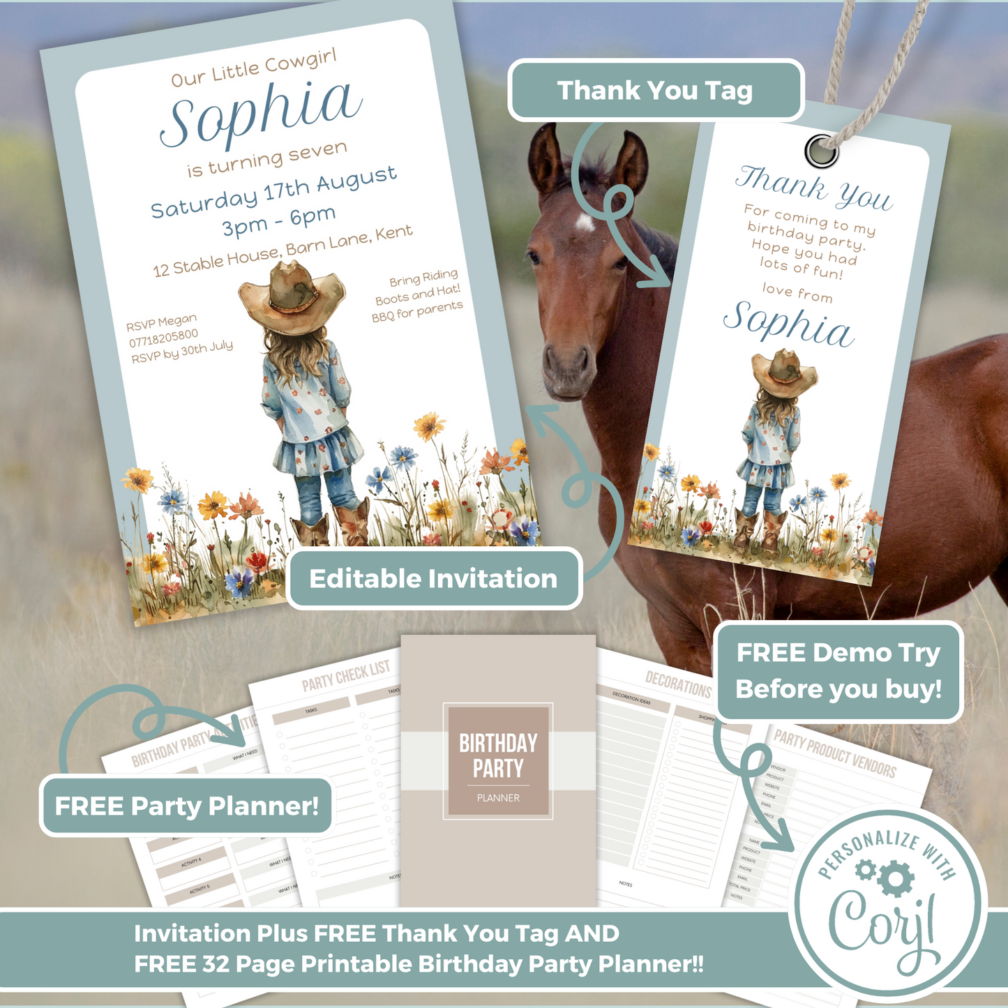 Editable Birthday Invitation and FREE Thank You Tag - Cowgirl Blue