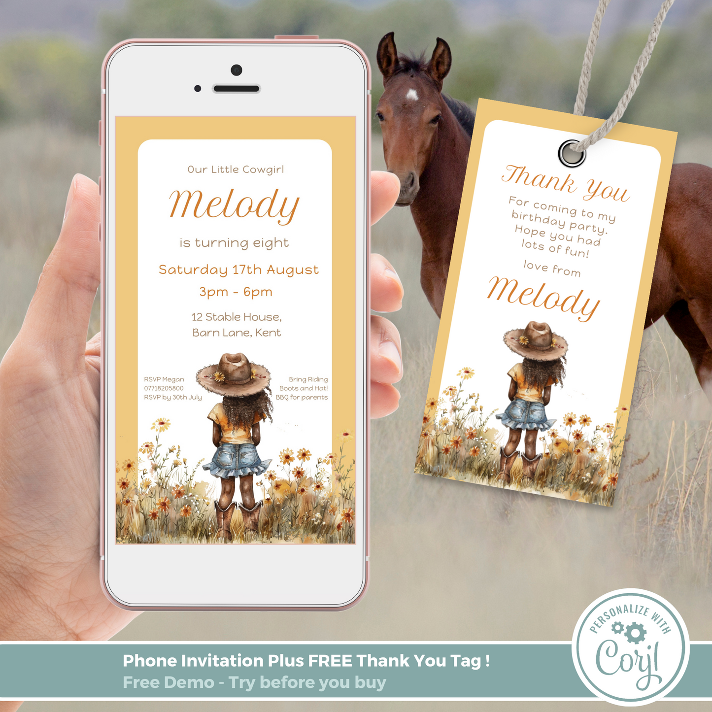 Editable Evite Birthday Invitation and FREE Thank You Tag - Cowgirl Peach
